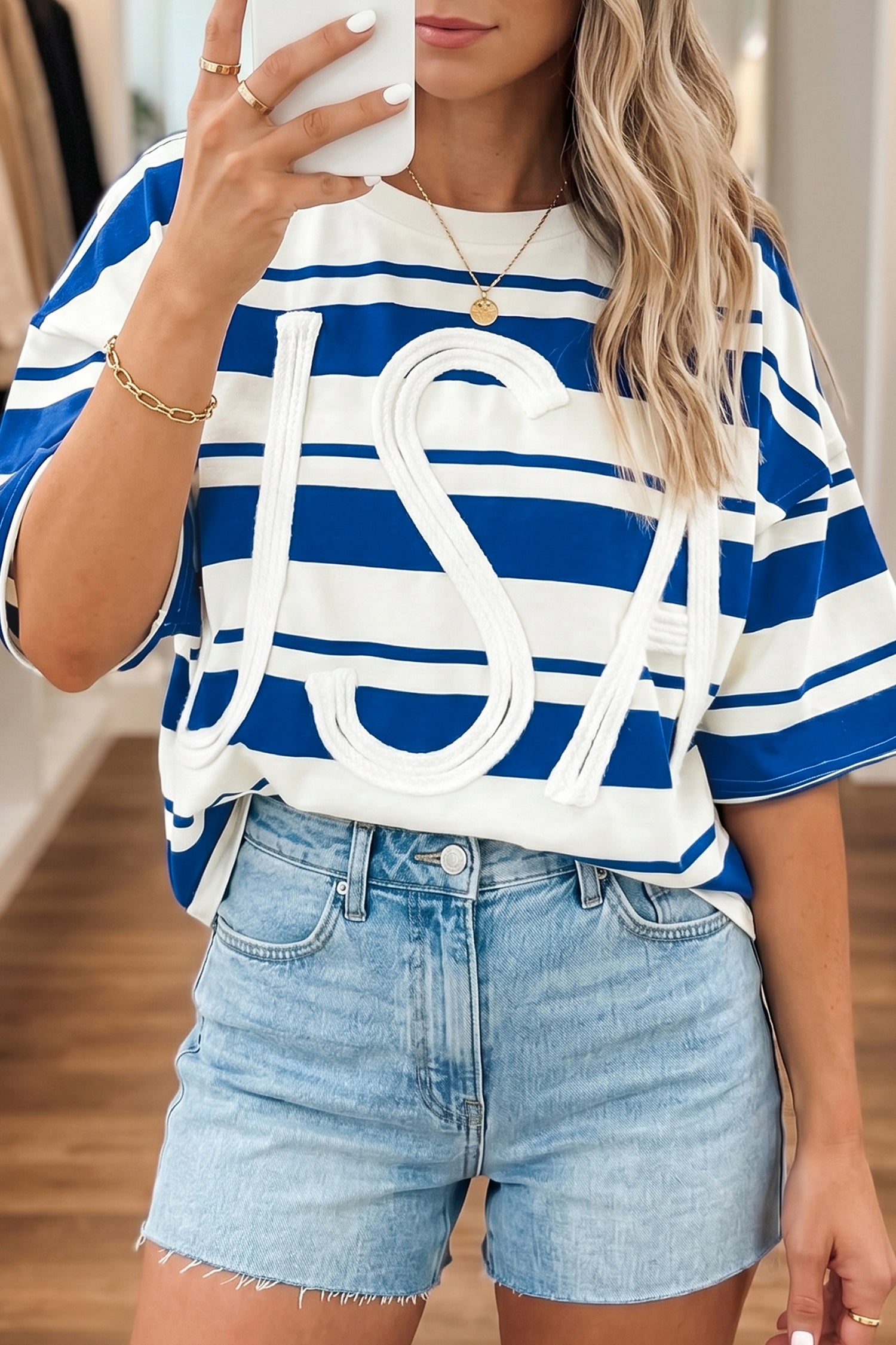 Blue Stripe USA Half Sleeve Loose Top