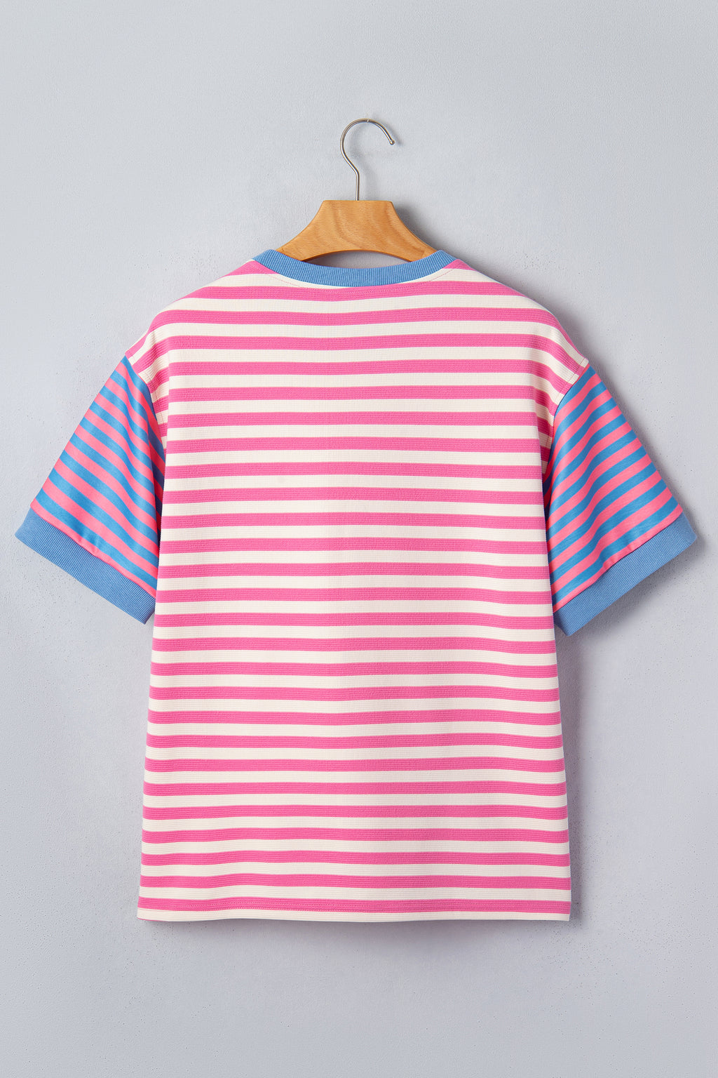 Pink Stripe Contrast Patchwork Short Sleeve Top