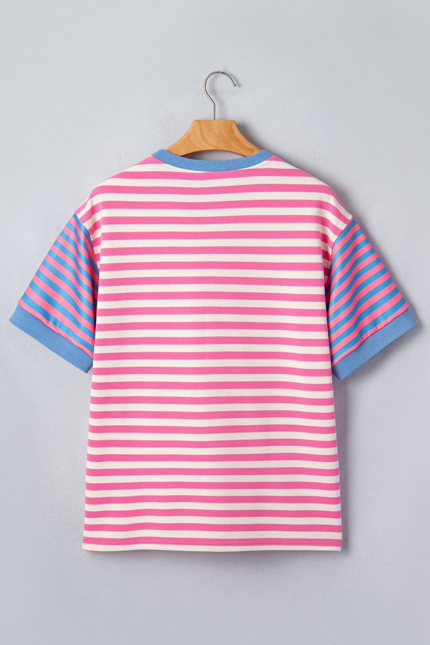 Pink Stripe Contrast Patchwork Short Sleeve Top
