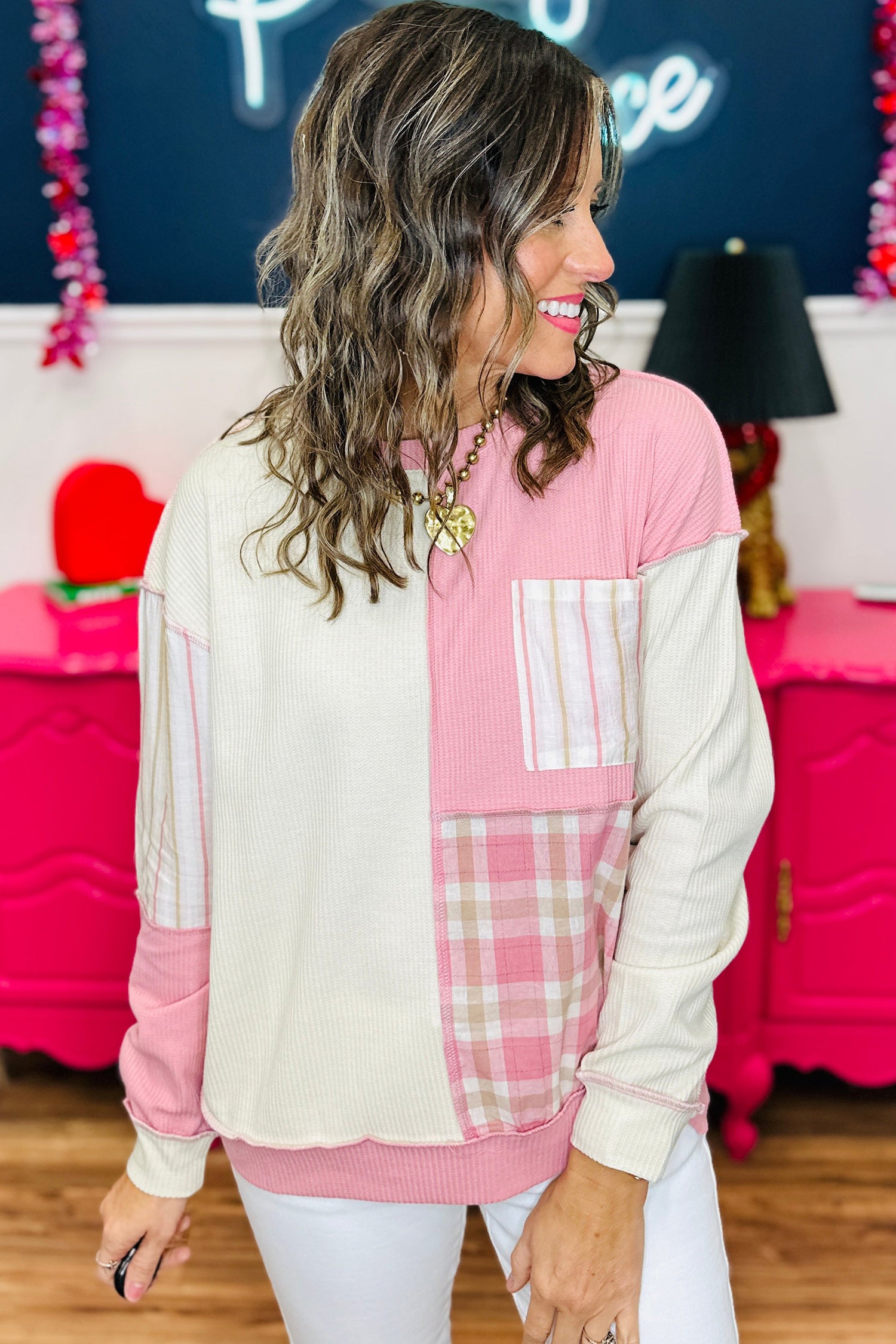 Pink Colorblock Plaid Panel Long Sleeve Plus Size Top