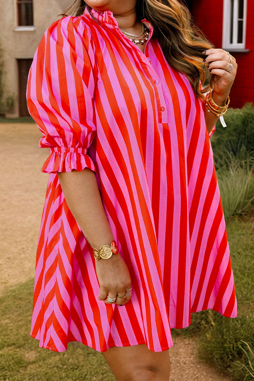 Stripe Collar Button Neck Short Sleeve Curvy Mini Dress