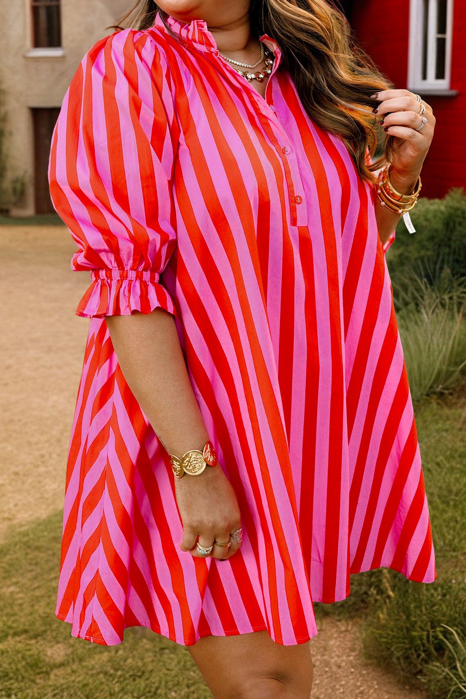 Stripe Collar Button Neck Short Sleeve Curvy Mini Dress