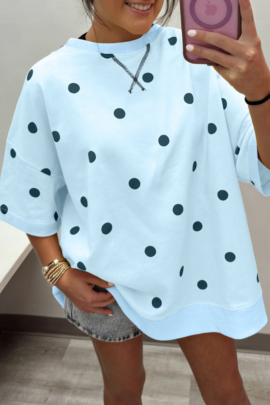 Sky Blue Polka Dot Print Crossed Seam Detail Oversize Top