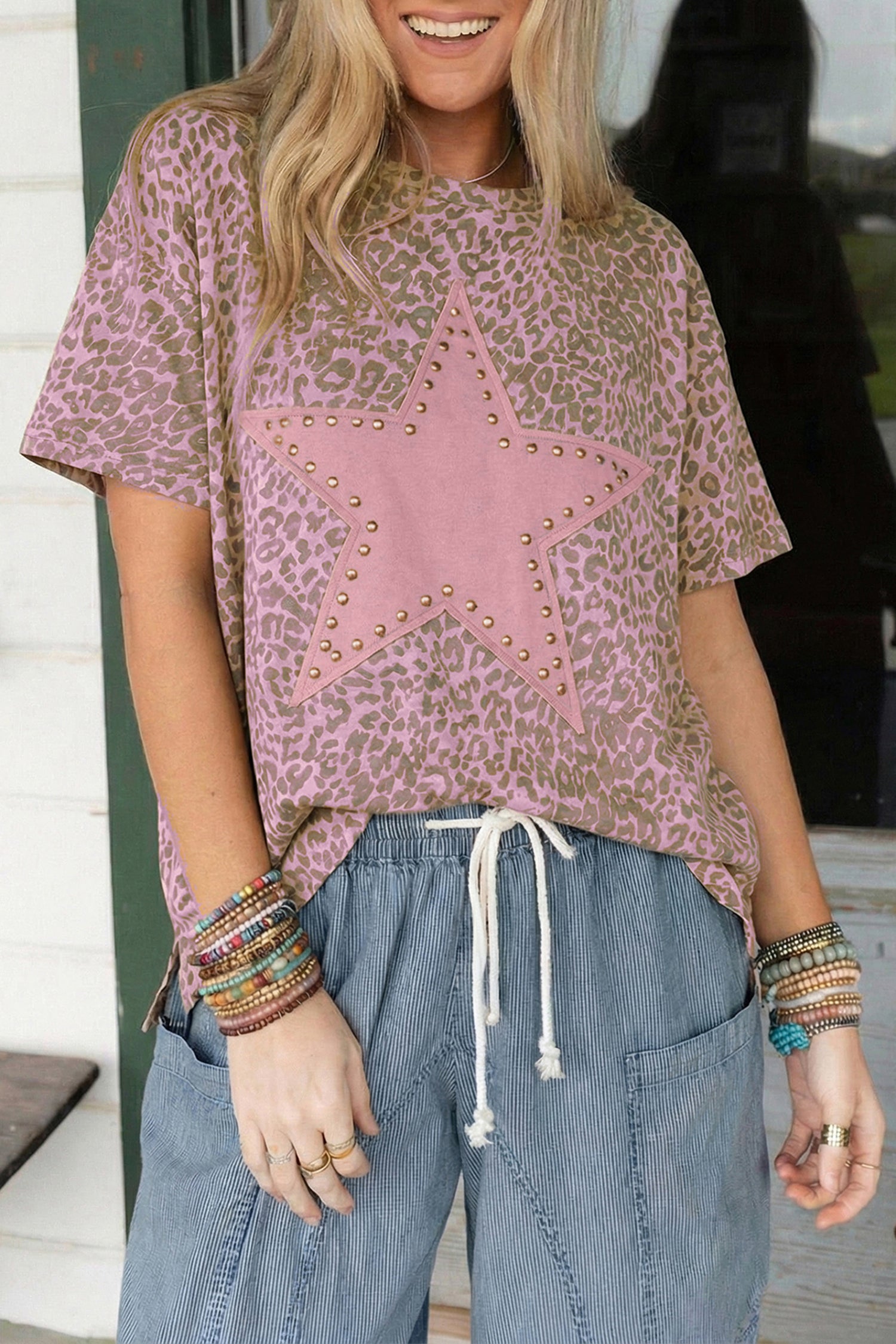 Pink Leopard Retro Studded Star Patch Loose Top