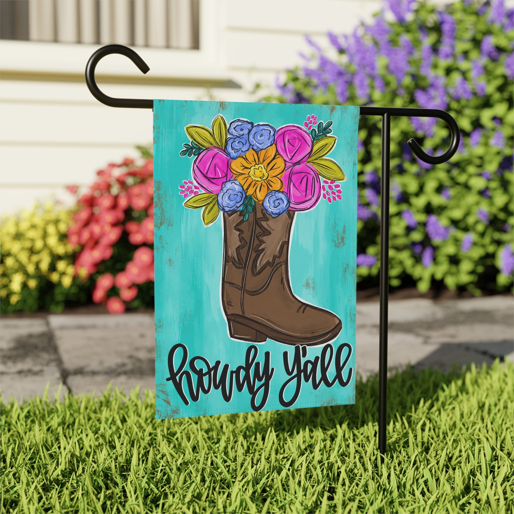 Howdy Y'all Cowboy Boot Floral Garden Flag