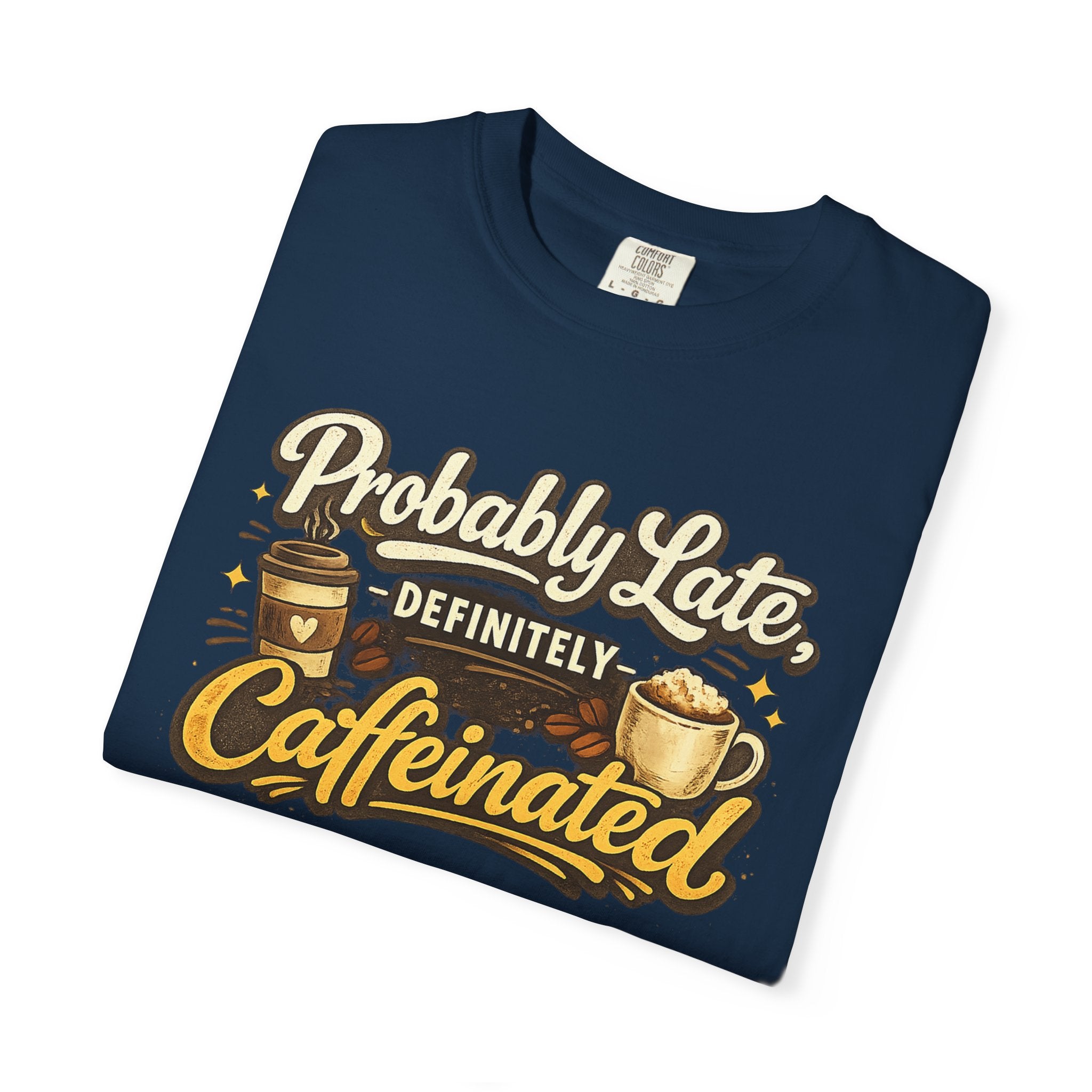 Coffee Lover T-Shirt — "Probably Late, Definitely Caffeinated" Graphic Tee