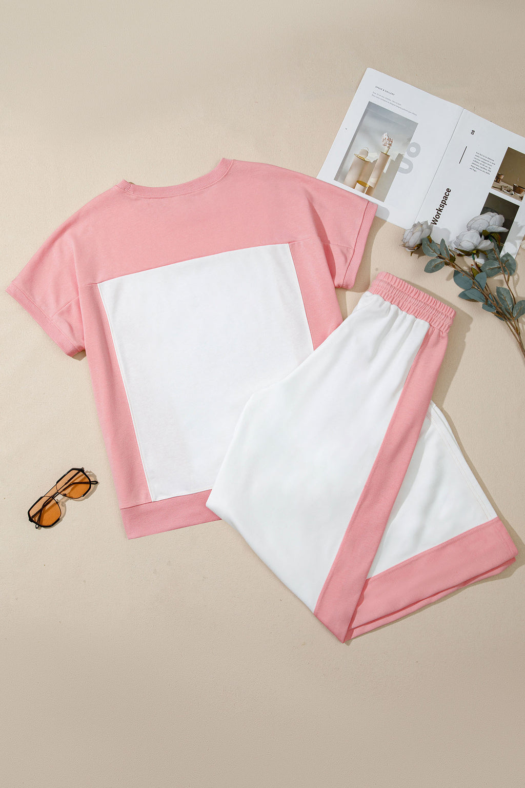 White Two-tone Color Block Drawstring Loose Pant Set
