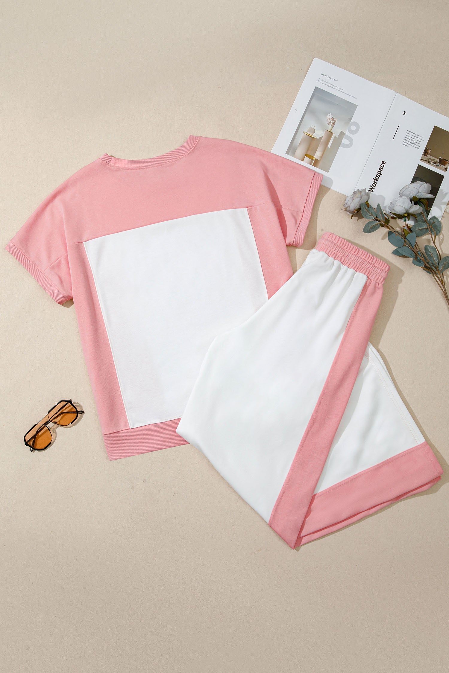 White Two-tone Color Block Drawstring Loose Pant Set