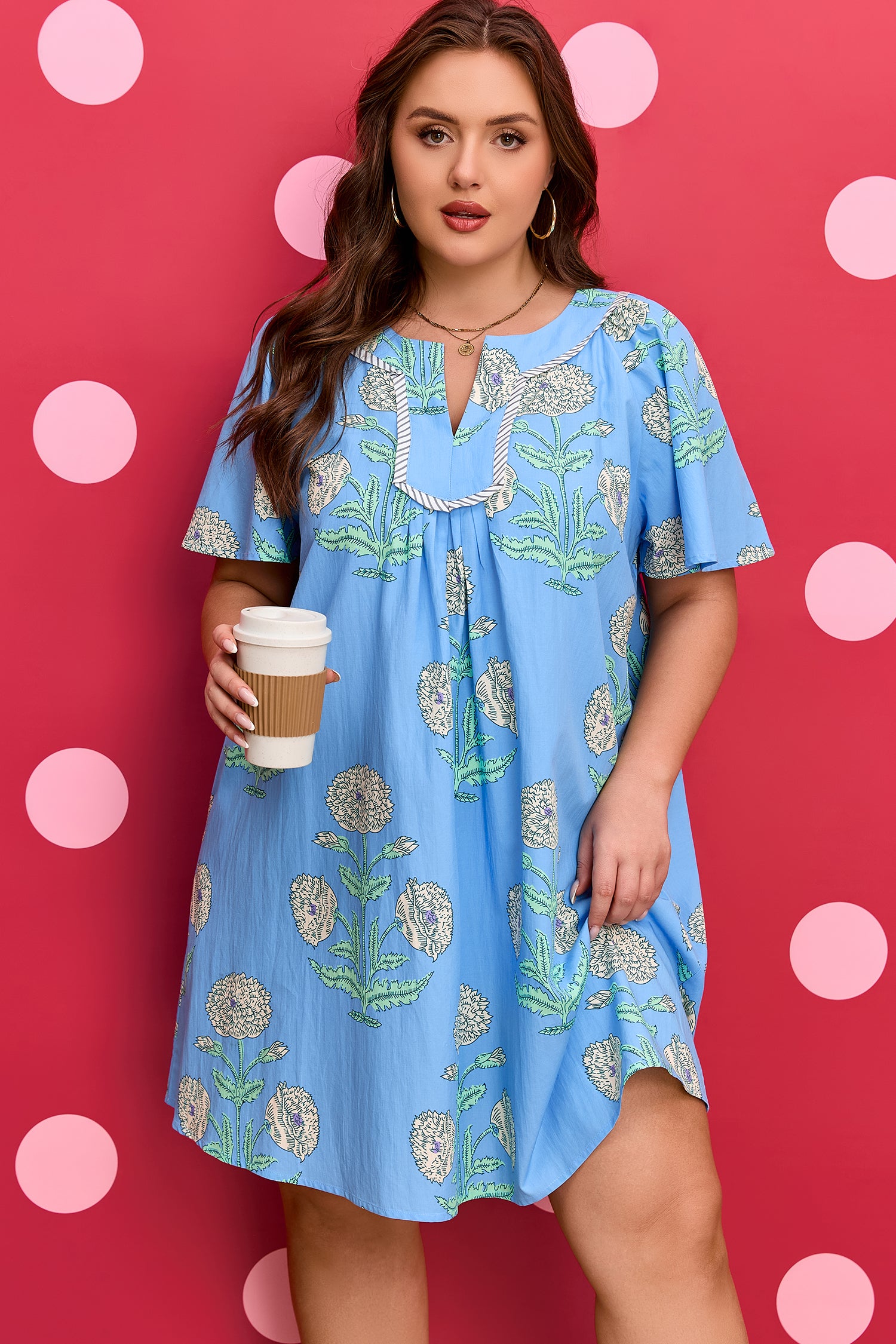 Sky Blue Plus Floral Printed Split Neck Mini Dress