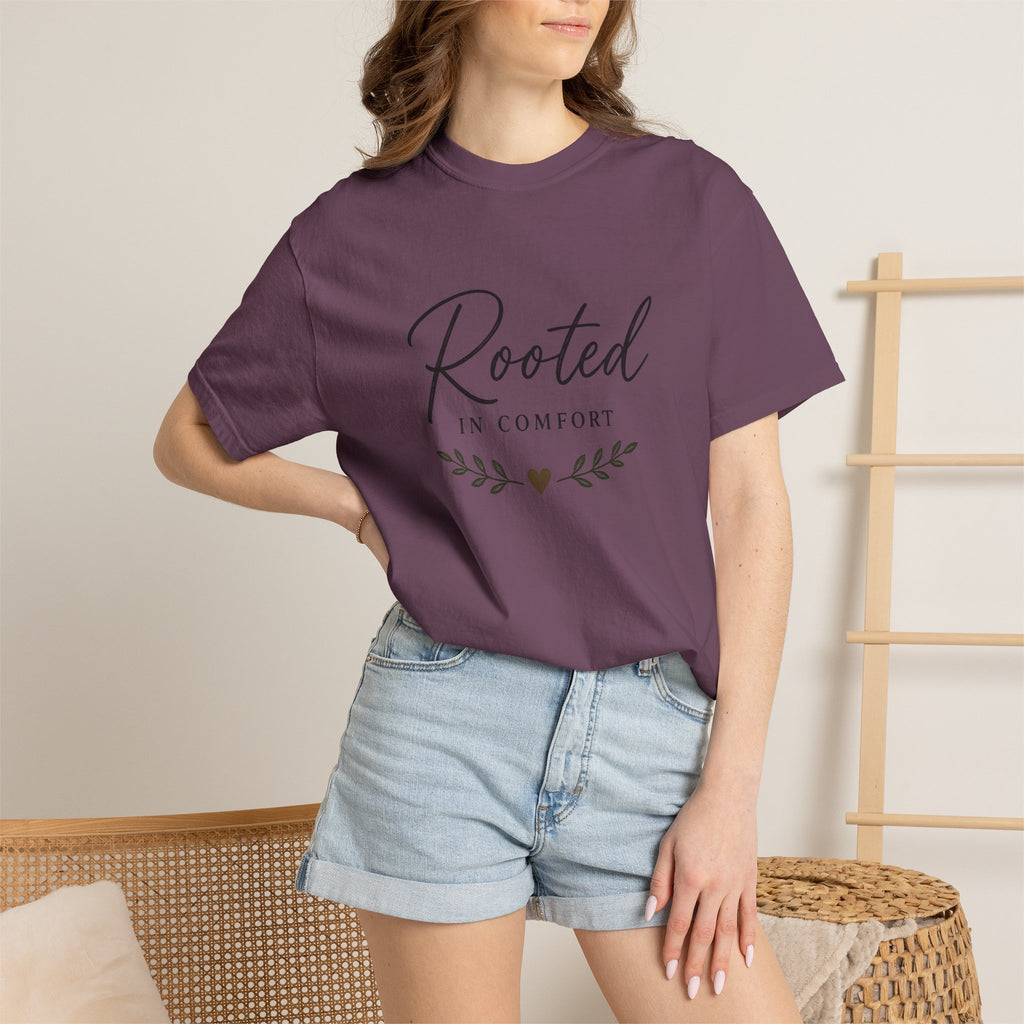Rooted in Comfort T-Shirt — Cozy Script Graphic Tee with Leaf Accent