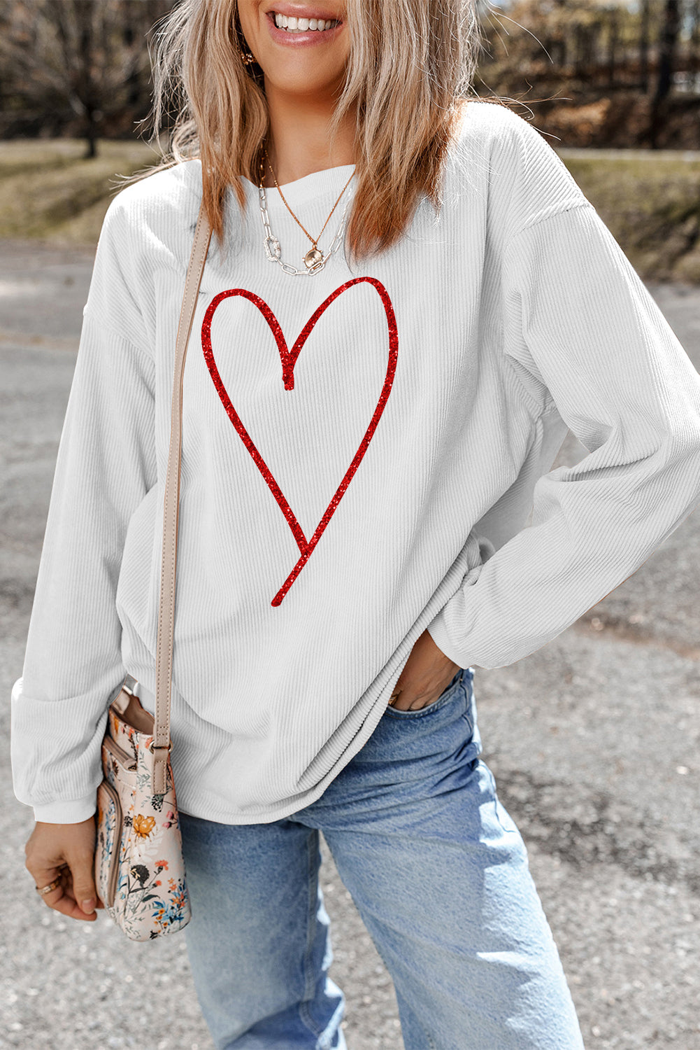 White Glittering Heart Printed Corded Sweatshirt