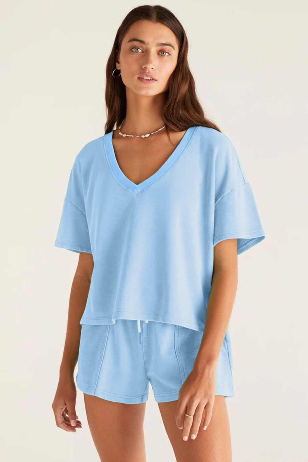 Mint Green Drawstring Elastic Waistband Shorts Set