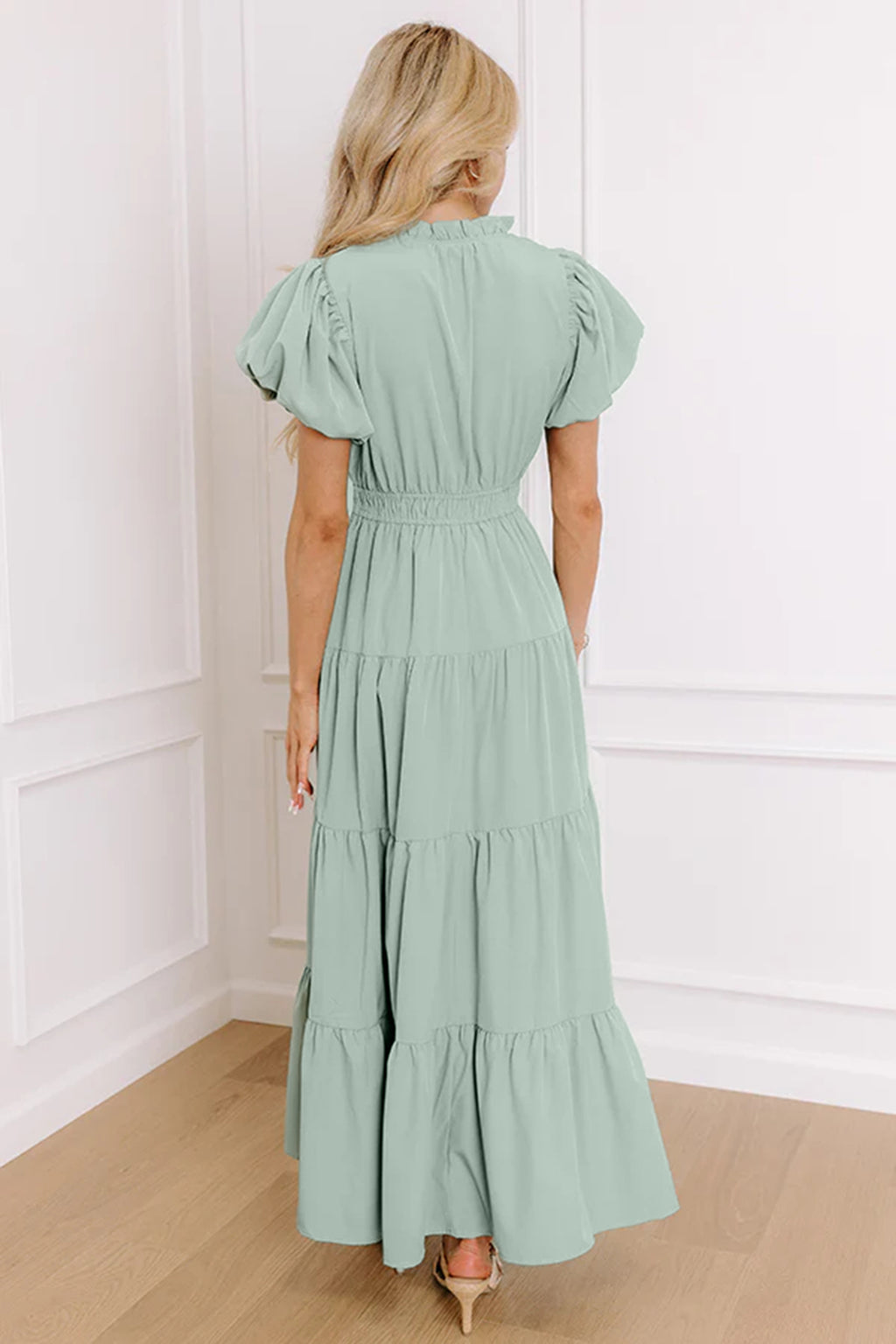 Green Solid Color V Neck Short Puff Sleeve High Waist Tiered Maxi Dress