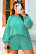 V Neck Pullover and Drawstring Short Plus Size Set