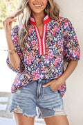 Floral Print Colorblock Trim V Neck Top