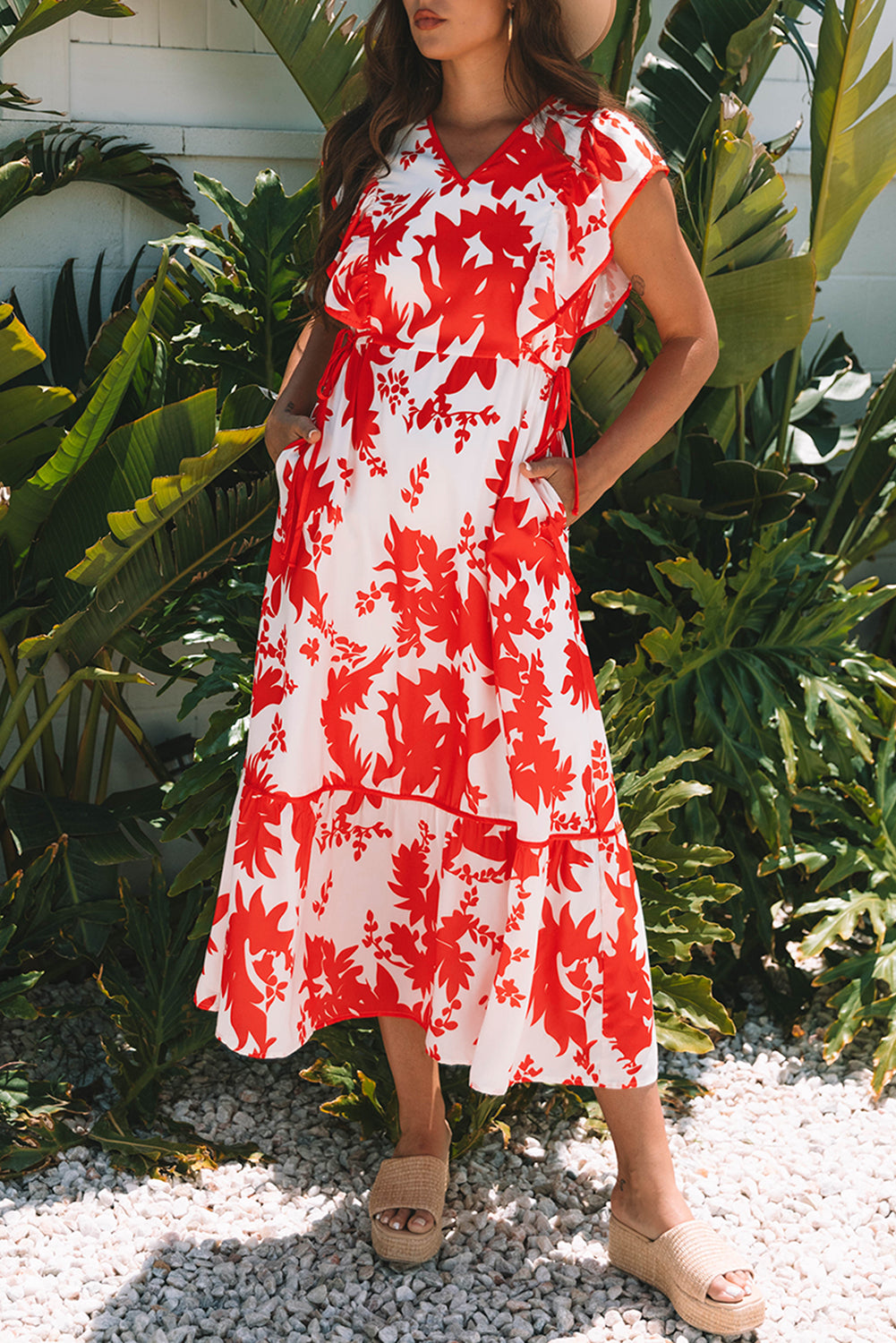 Red Floral Print Trimmed V Neck Ruffle Sleeve Dress