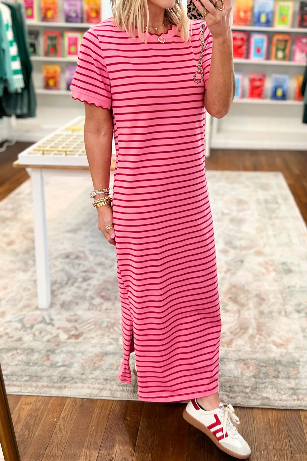 Rose Stripe Striped Short Sleeve Scalloped Trim Side Slit Dress