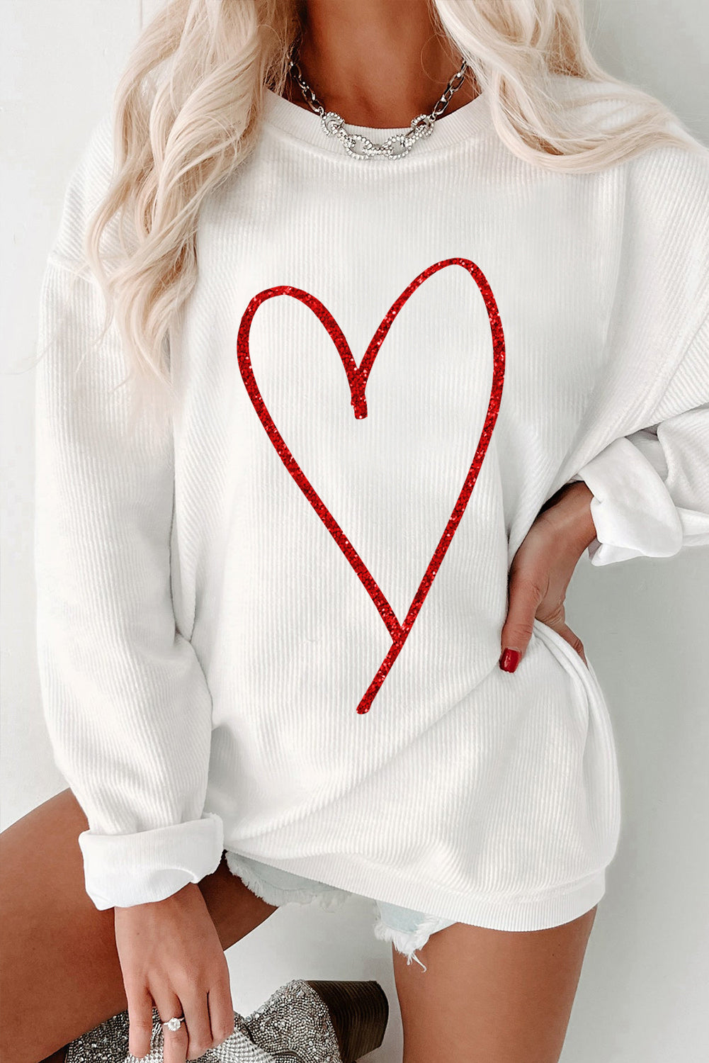 White Glittering Heart Printed Corded Sweatshirt