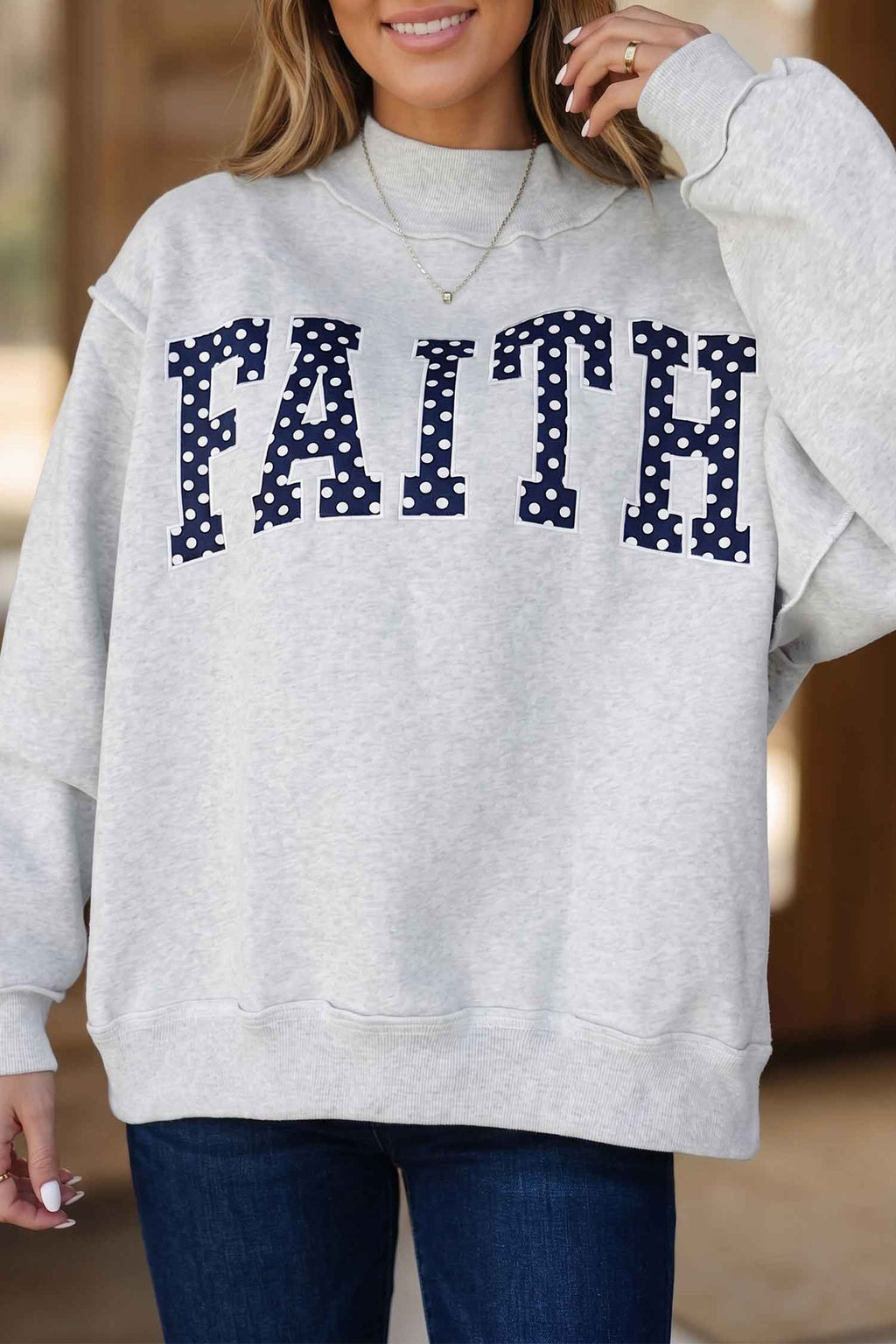 Light Grey High Neck Polka Dot Slogan Printed Sweatshirt