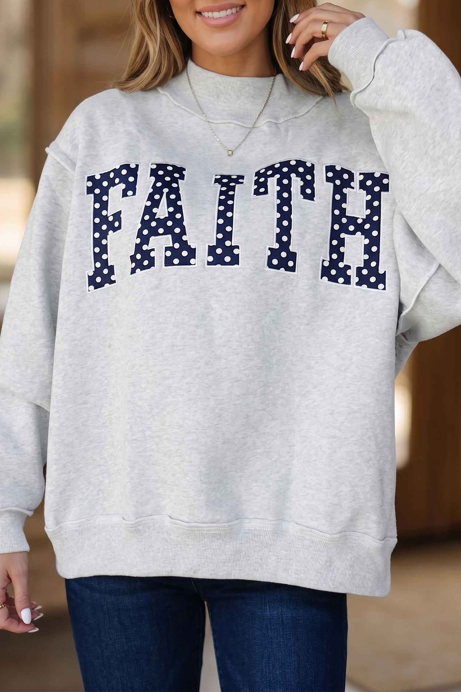 Light Grey High Neck Polka Dot Slogan Printed Sweatshirt
