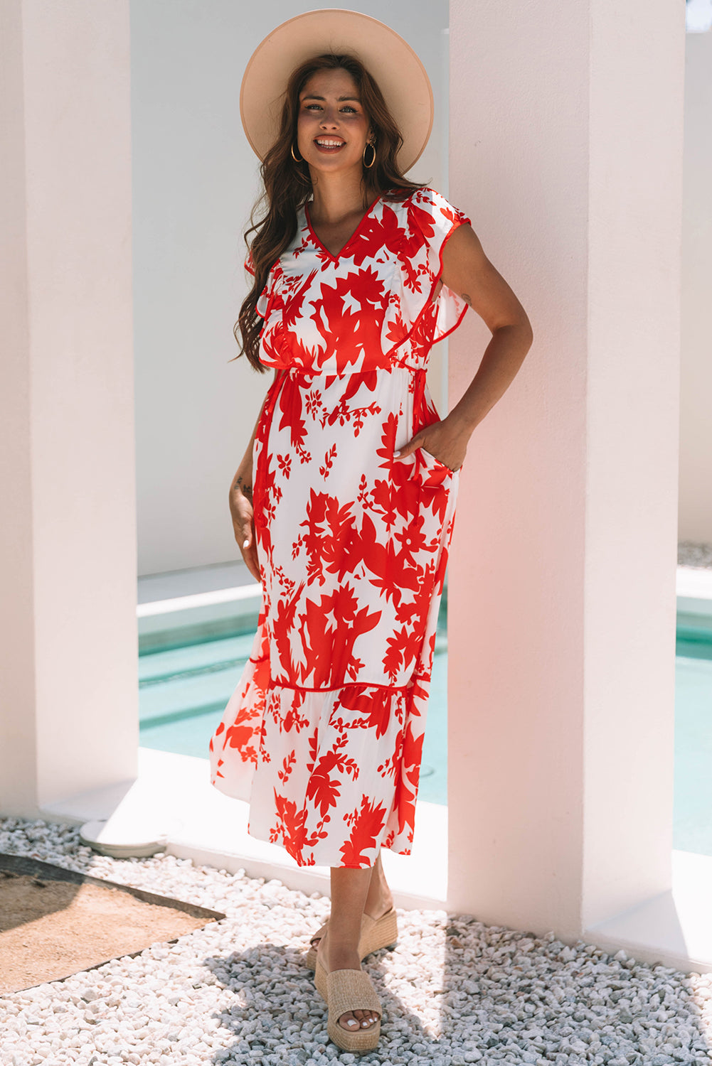 Red Floral Print Trimmed V Neck Ruffle Sleeve Dress