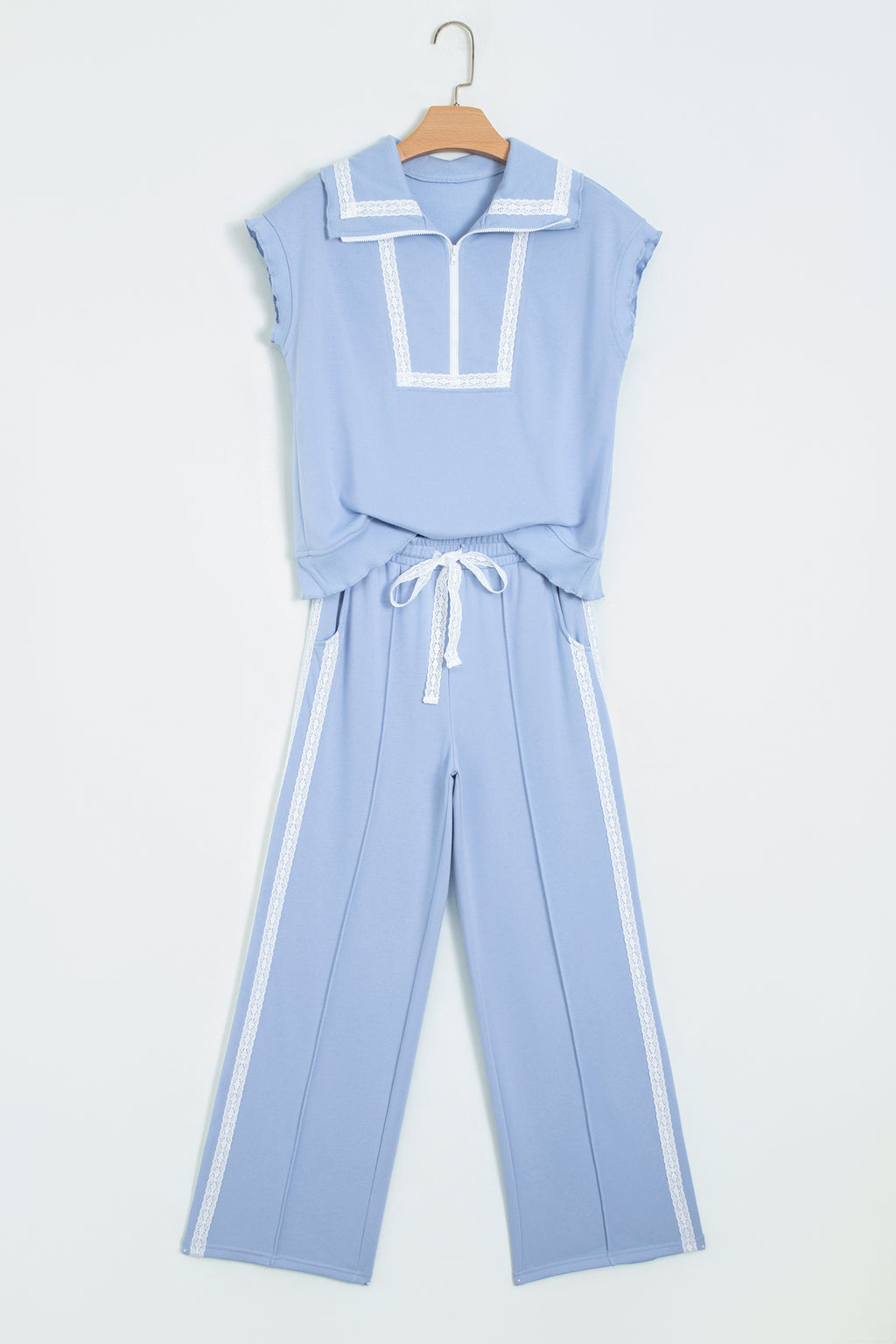 Sky Blue Lace Accent Zipped Collar Two Piece Set