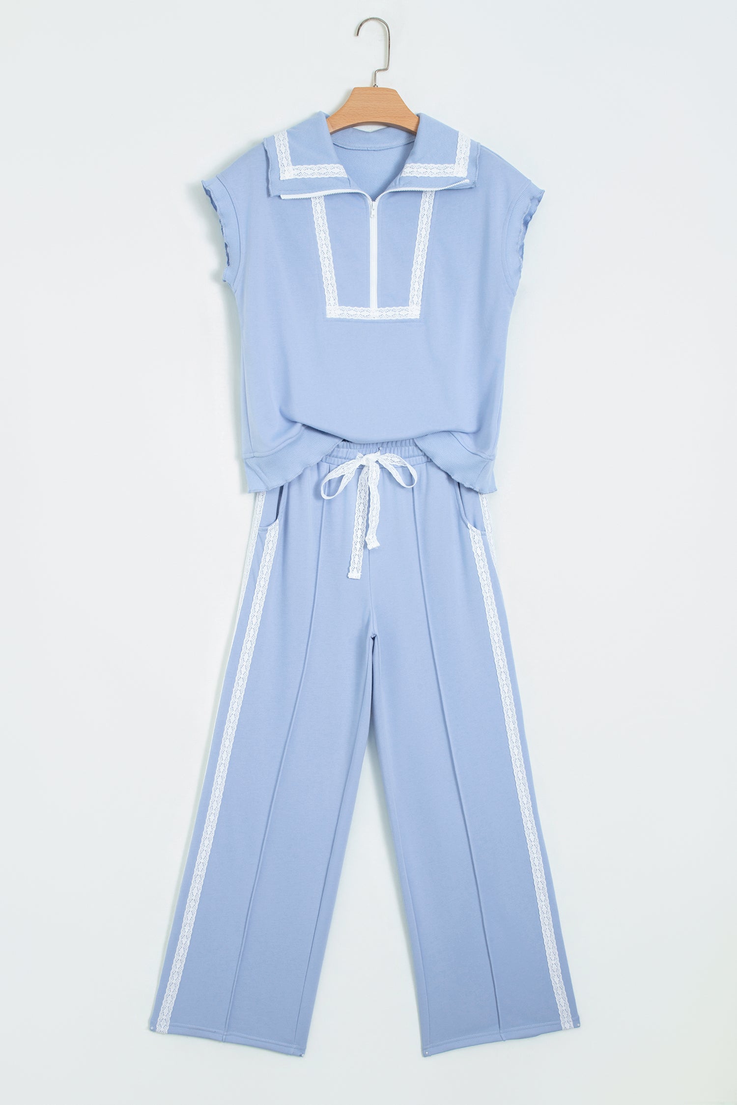 Sky Blue Lace Accent Zipped Collar Two Piece Set