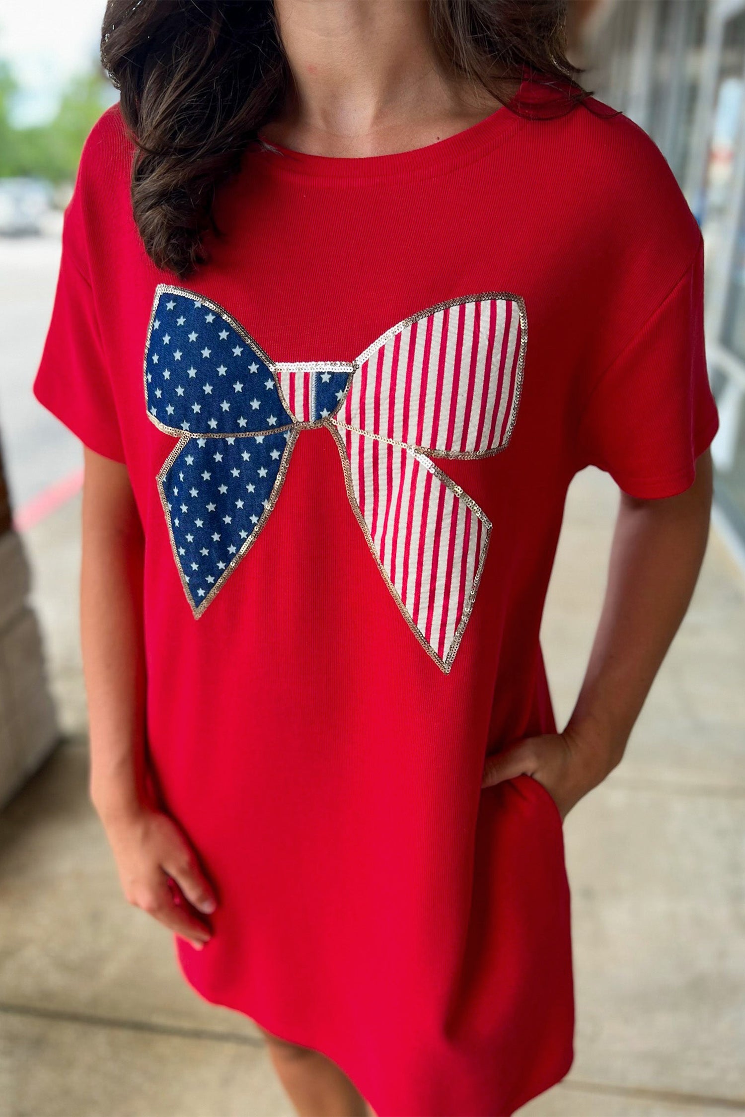 Fiery Red Sequin Trim Stars and Stripes Bow Patched Shirt Mini Dress