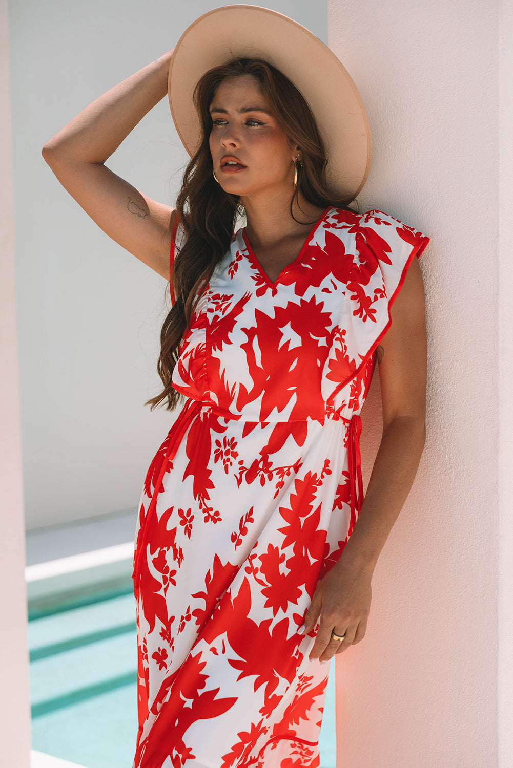 Red Floral Print Trimmed V Neck Ruffle Sleeve Dress