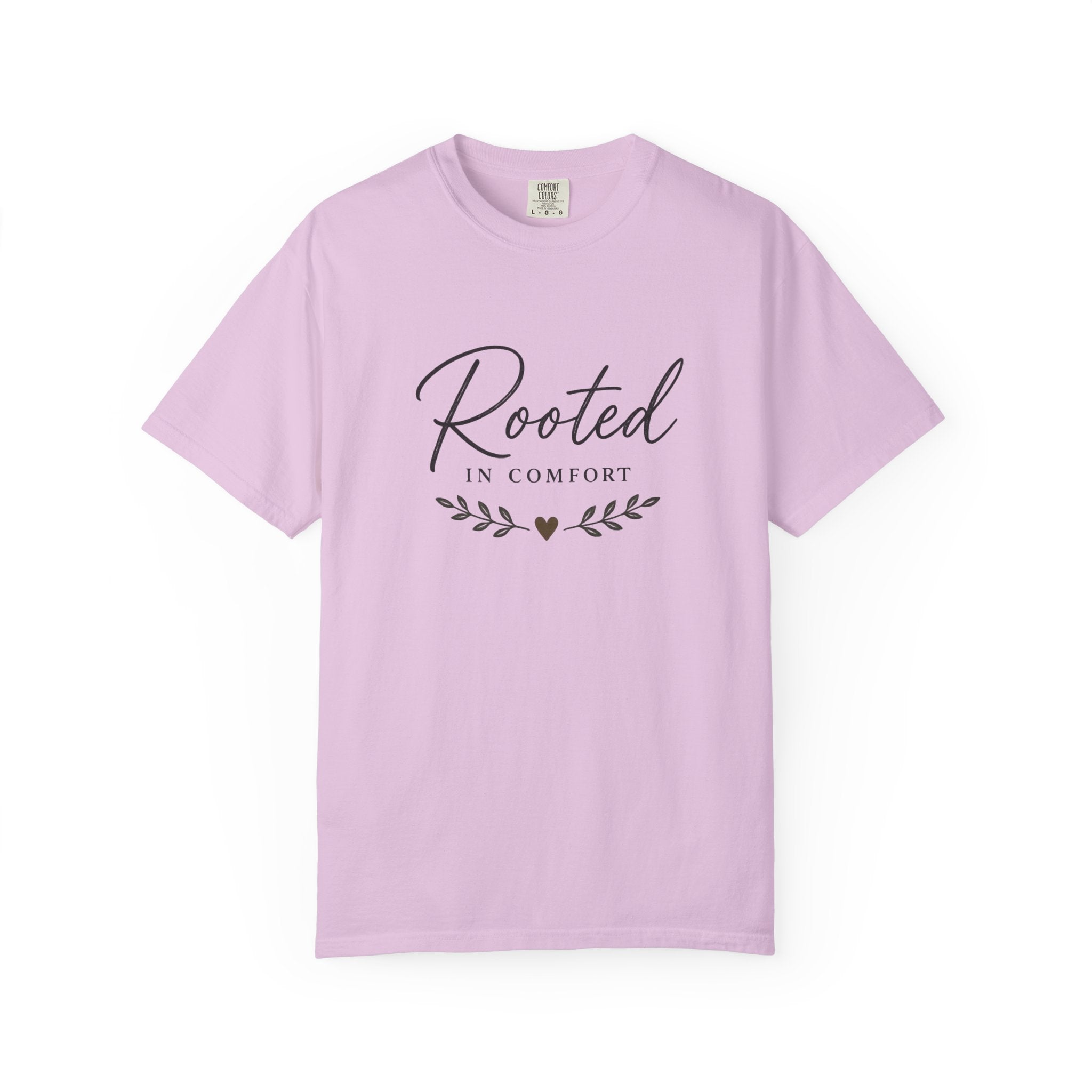 Rooted in Comfort T-Shirt — Cozy Script Graphic Tee with Leaf Accent