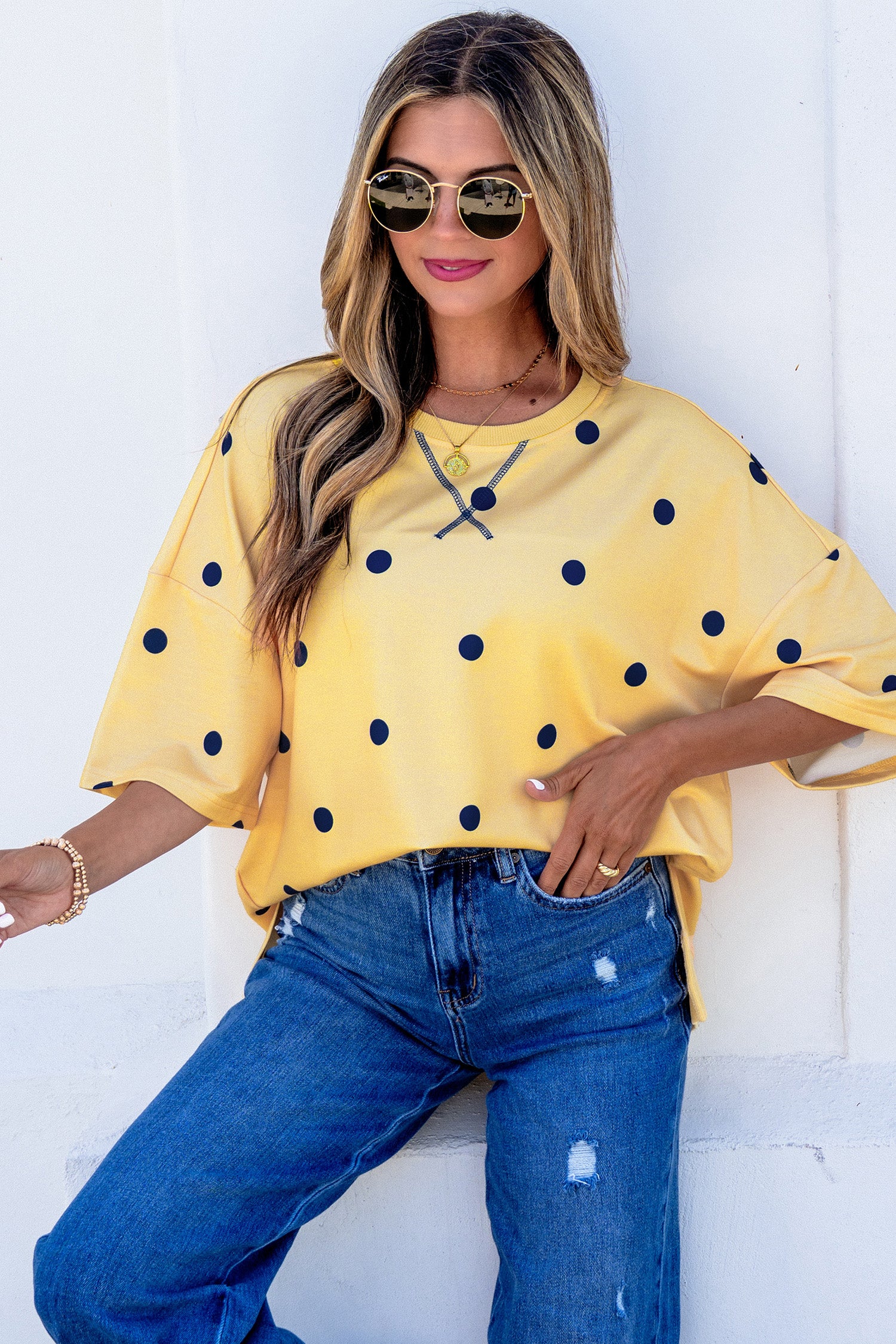 Sky Blue Polka Dot Print Crossed Seam Detail Oversize Top