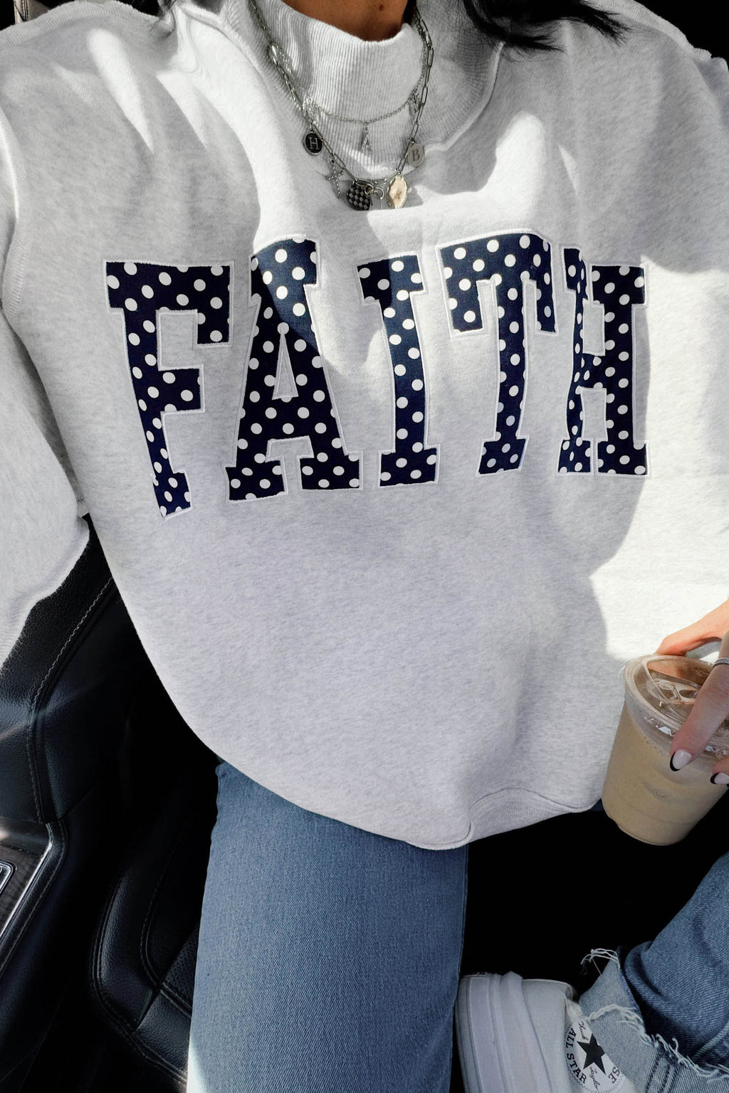 Light Grey High Neck Polka Dot Slogan Printed Sweatshirt