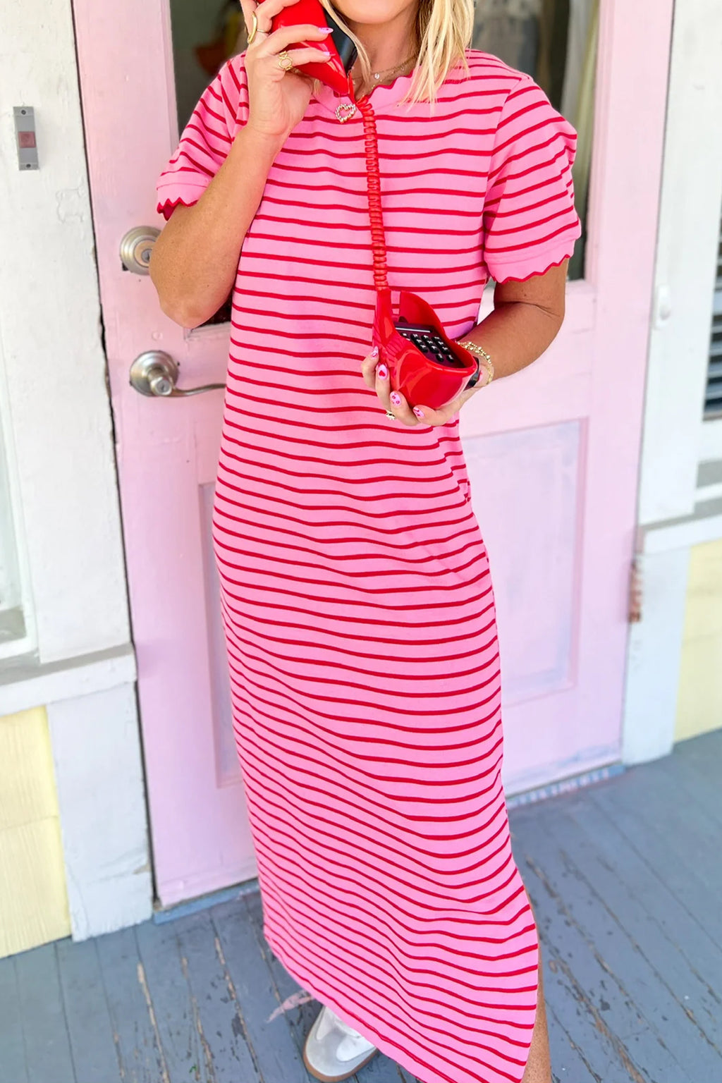 Rose Stripe Striped Short Sleeve Scalloped Trim Side Slit Dress