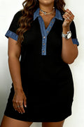 Black Denim Collar Short Sleeve Plus Size Shift Dress