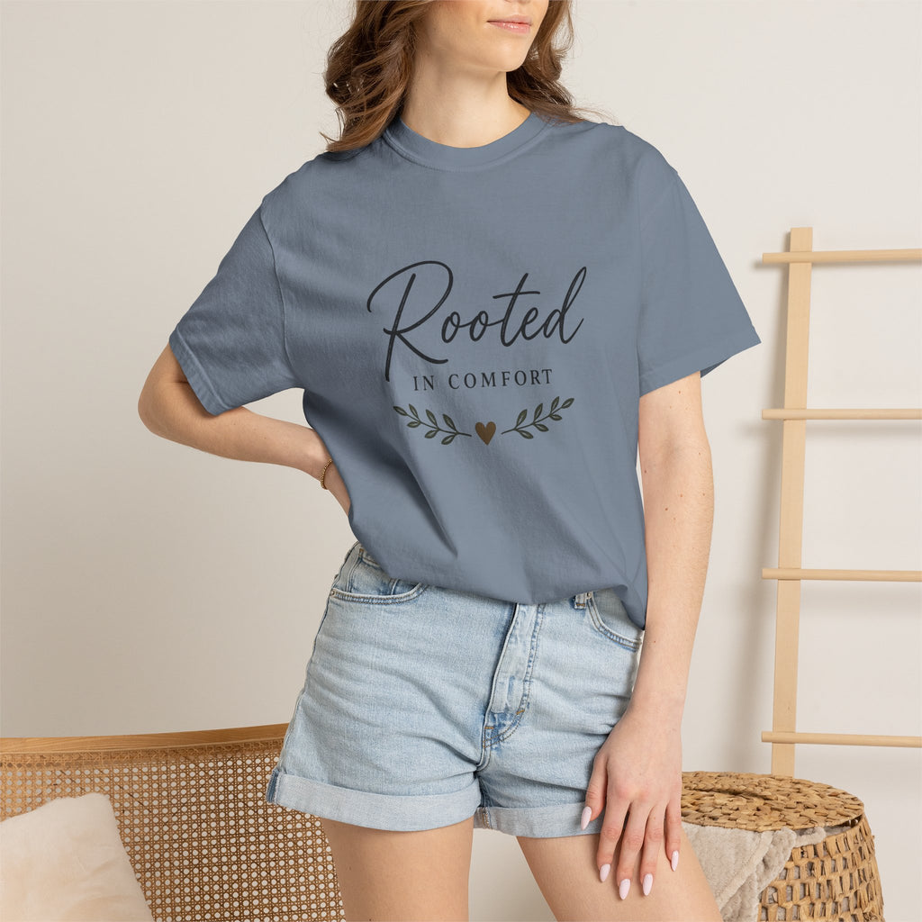 Rooted in Comfort T-Shirt — Cozy Script Graphic Tee with Leaf Accent
