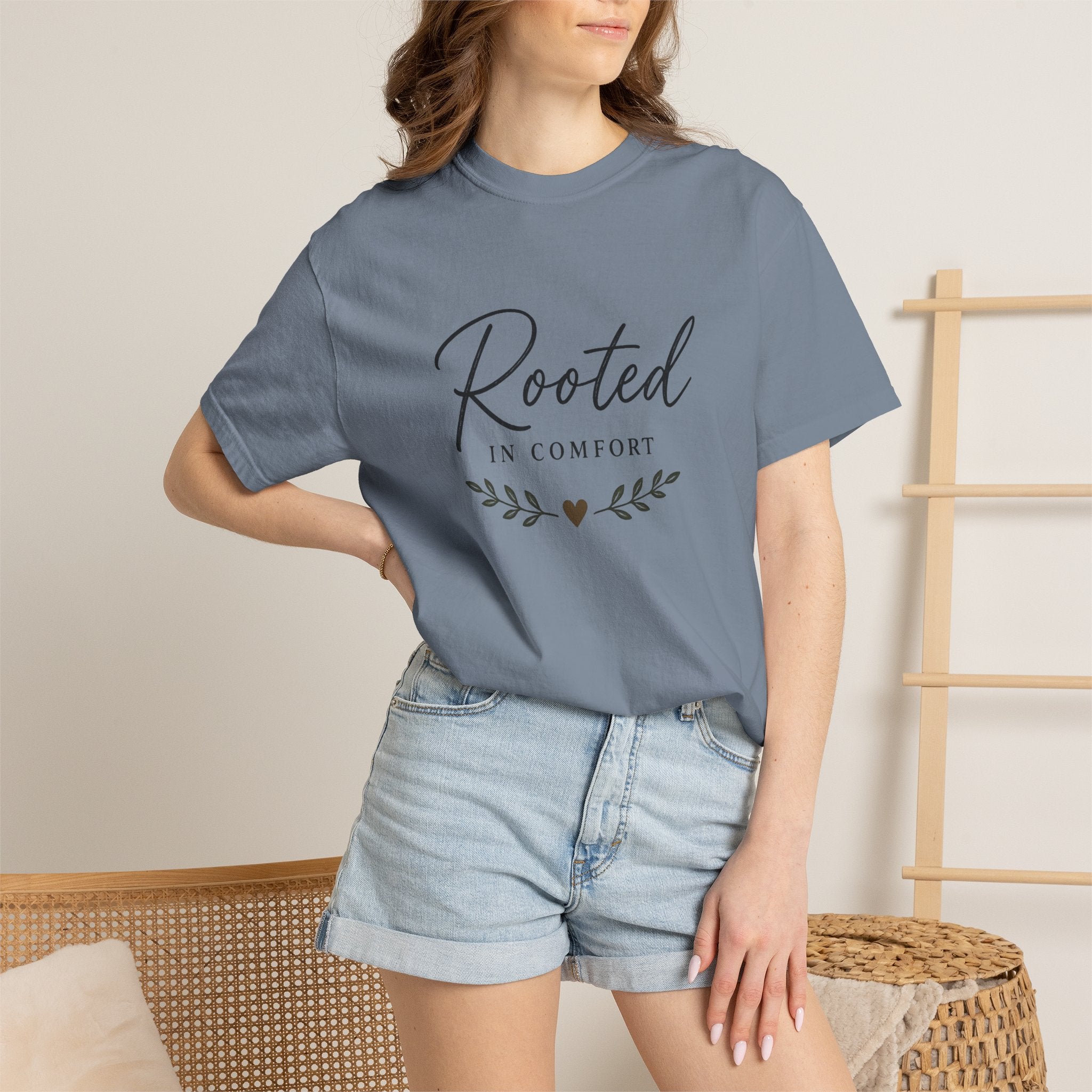 Rooted in Comfort T-Shirt — Cozy Script Graphic Tee with Leaf Accent