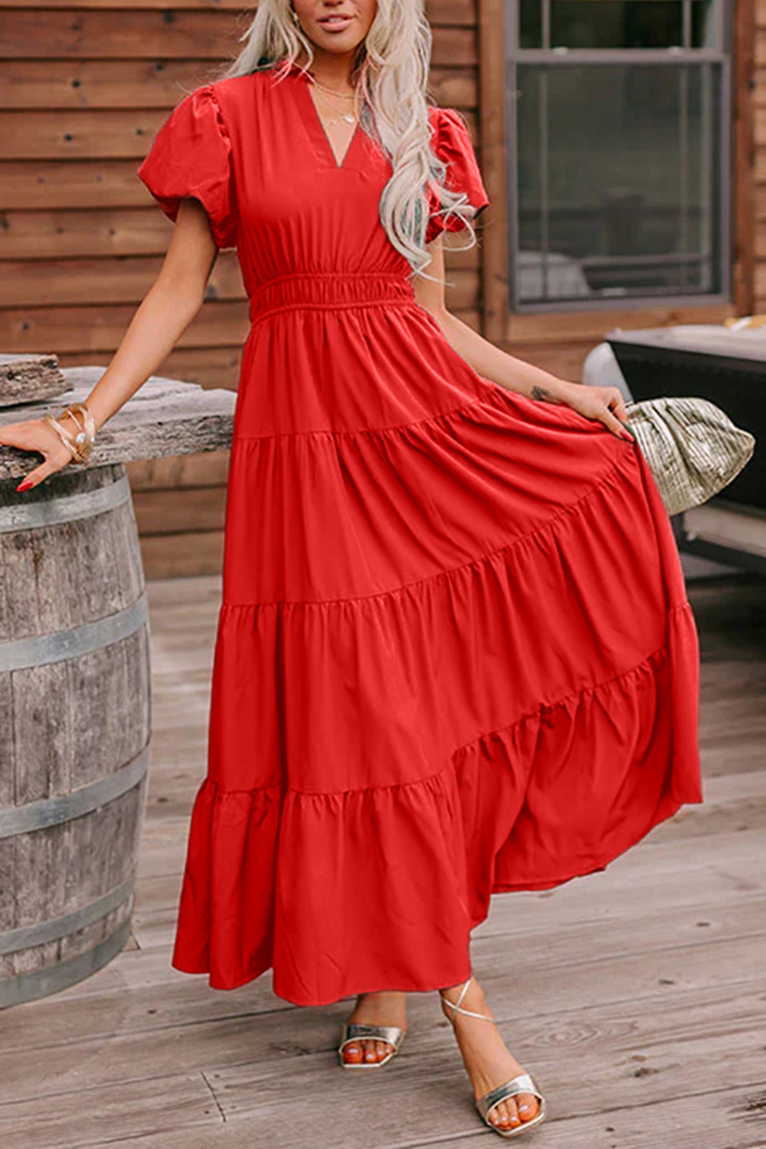 Green Solid Color V Neck Short Puff Sleeve High Waist Tiered Maxi Dress