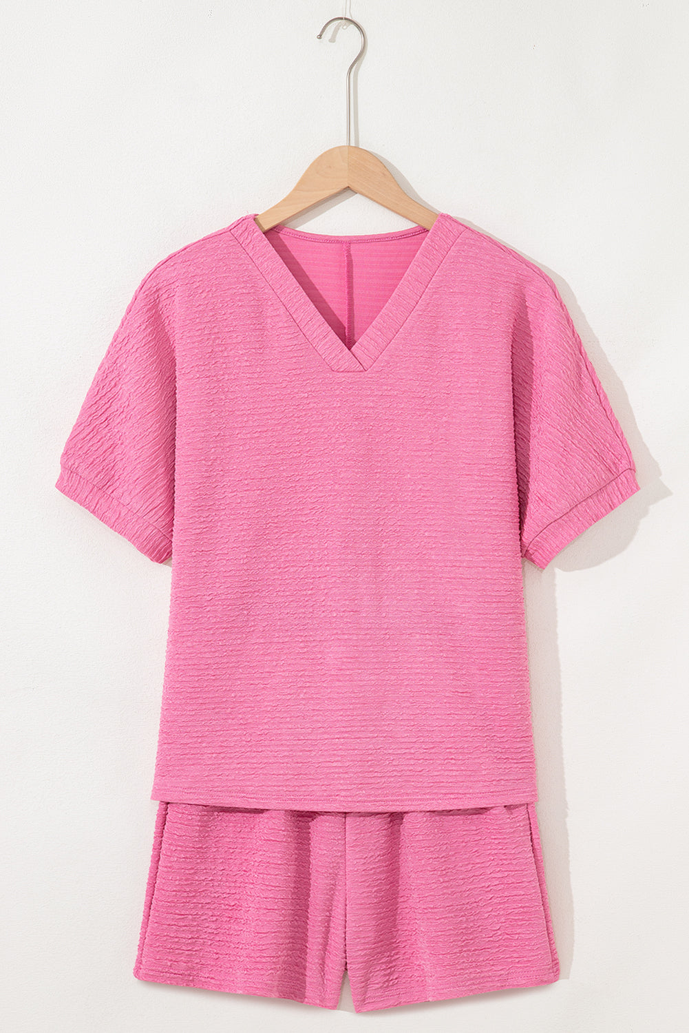 Pink Textured V Neck Shirt and Shorts Set