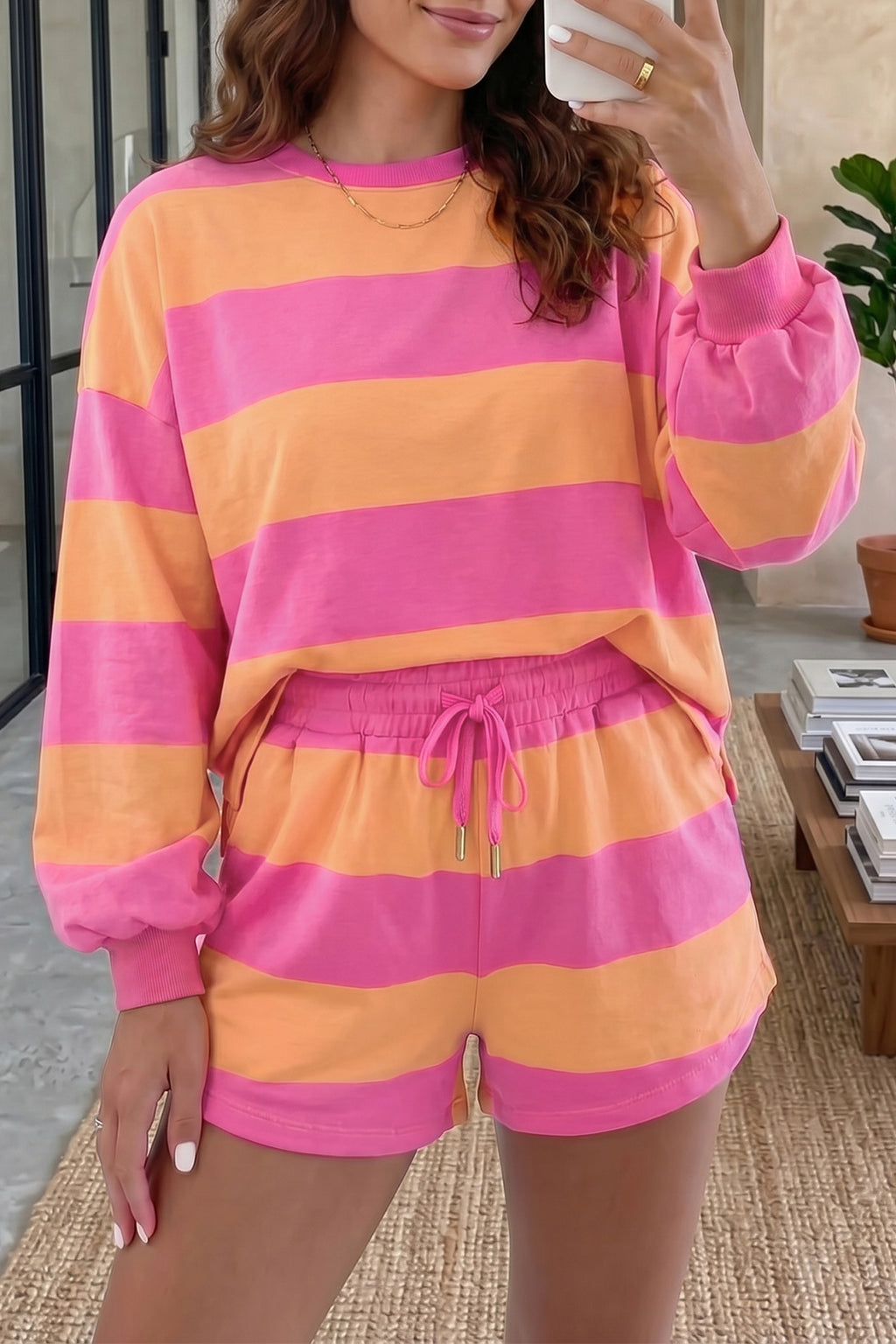 Pink Stripe Long Sleeve Casual Top Drawstring Shorts Two Piece Set