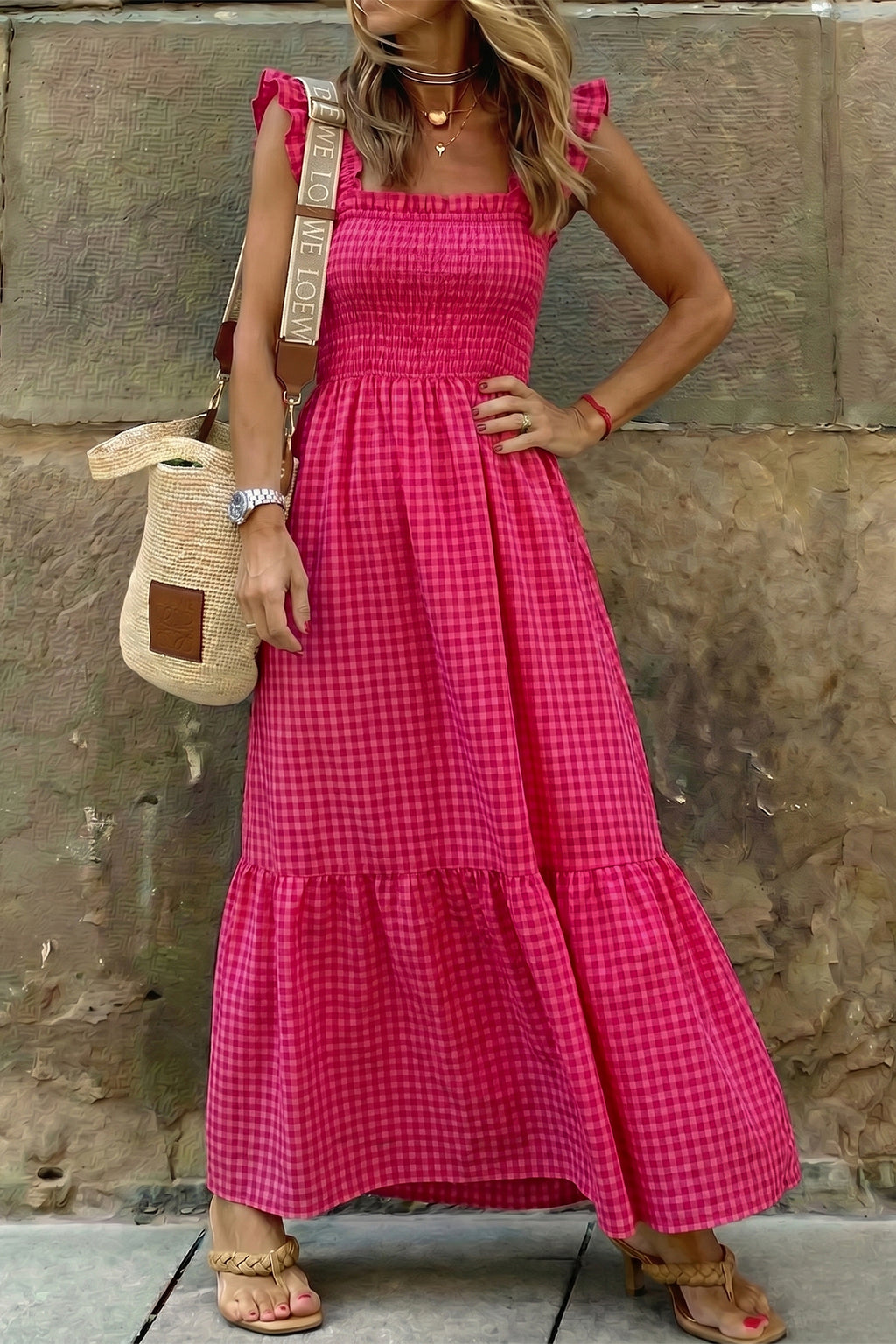 Red Plaid Square Neck Fit-and-flared Sundress