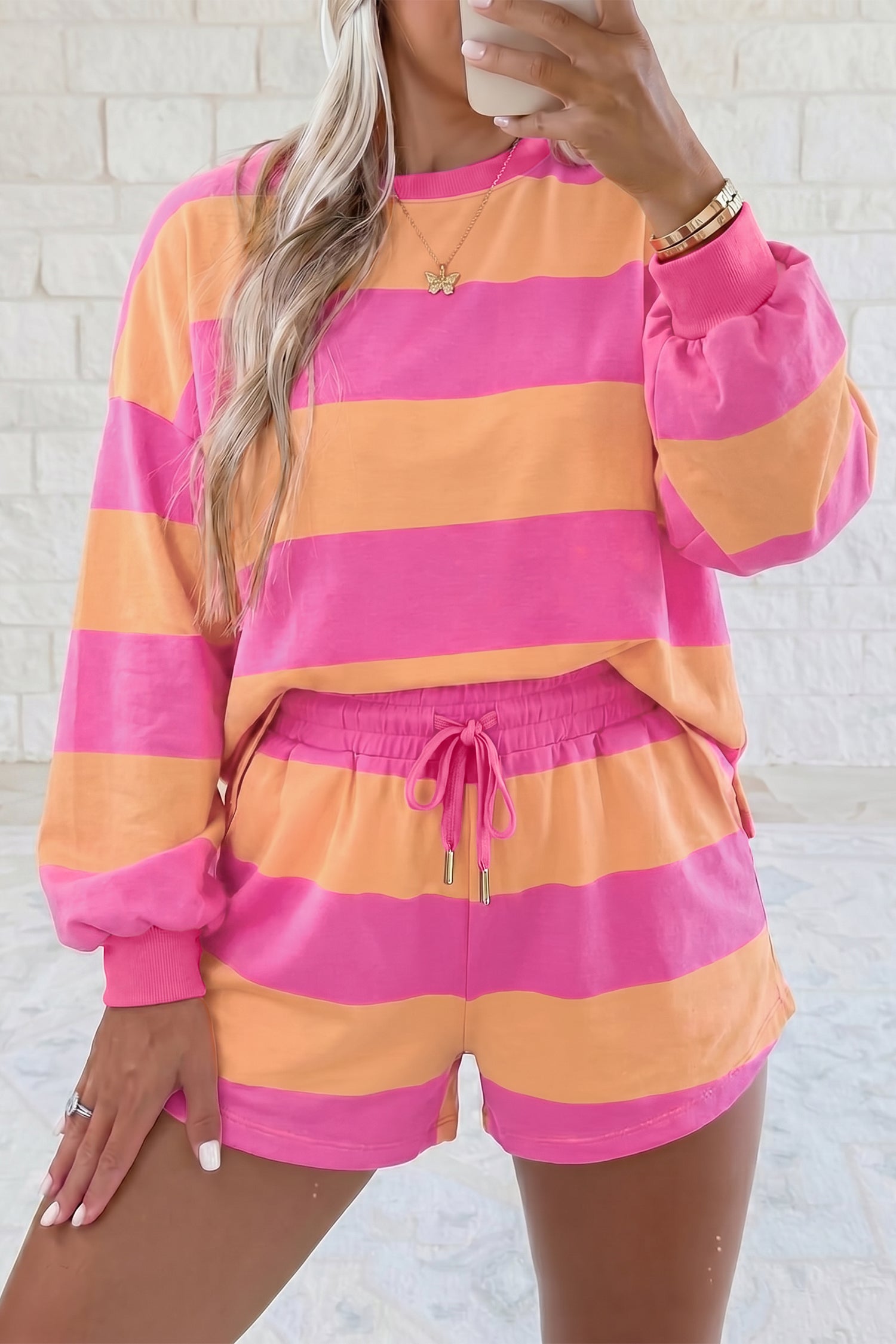 Pink Stripe Long Sleeve Casual Top Drawstring Shorts Two Piece Set