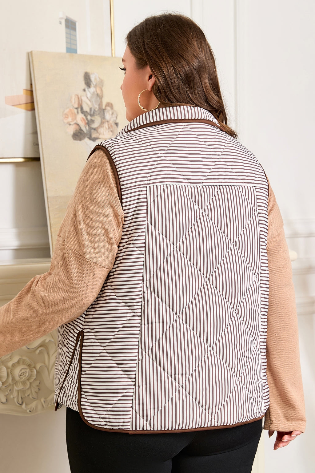 Stripe Quilted Wavy Hem Snap Button Plus Size Vest
