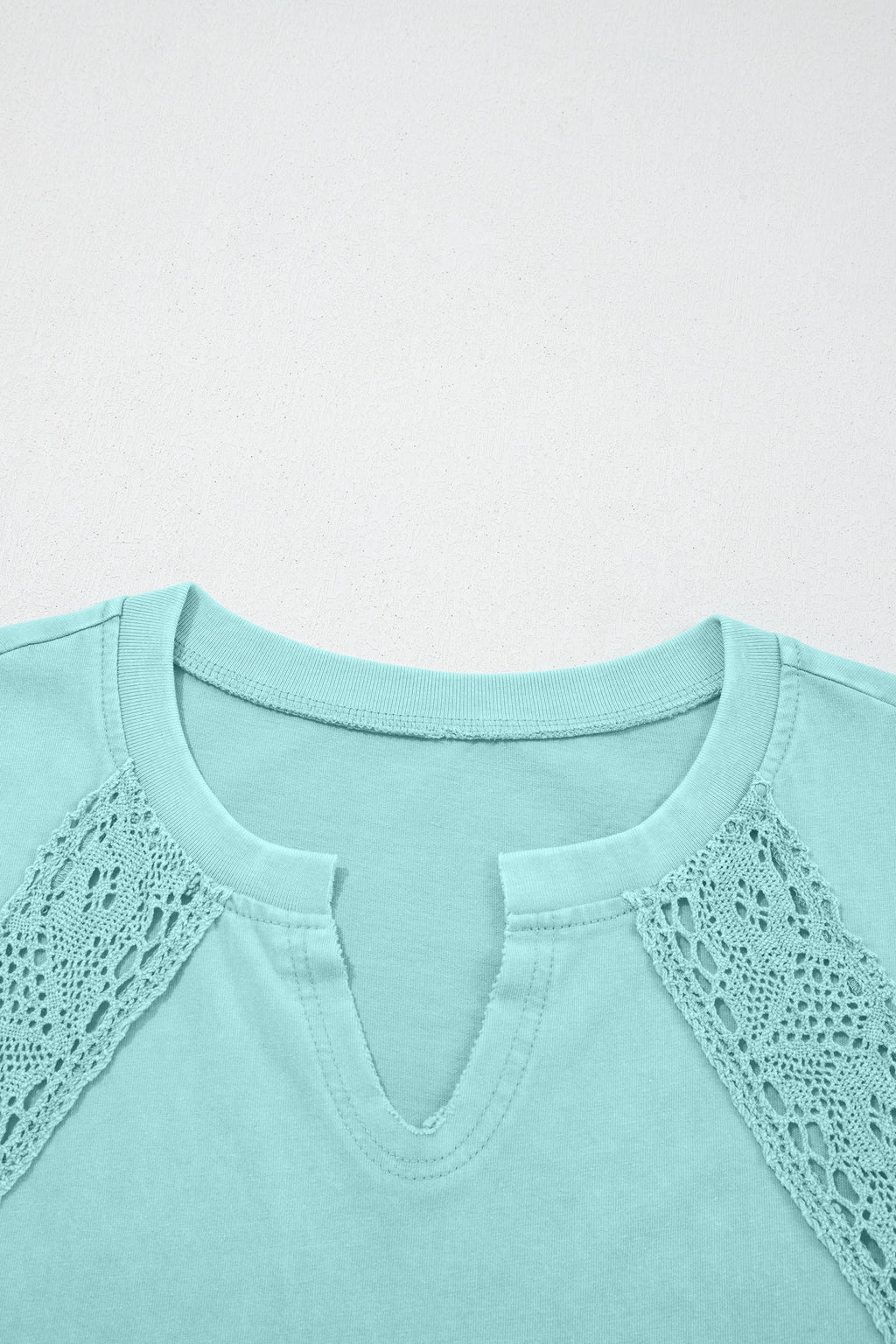 Mint Green Raw Cut Notched Neck Lace Patchwork Detail Mineral Wash Top