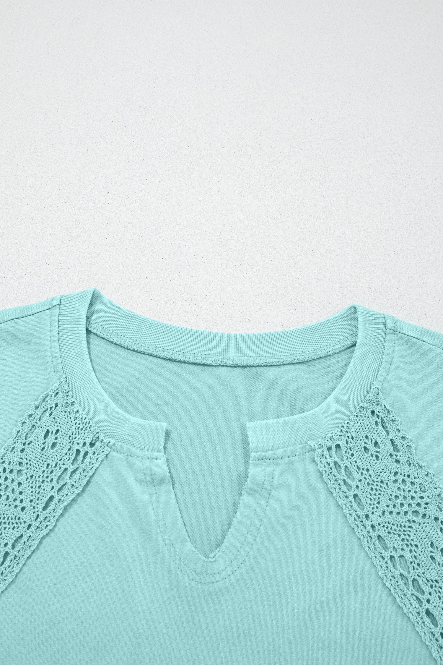 Mint Green Raw Cut Notched Neck Lace Patchwork Detail Mineral Wash Top