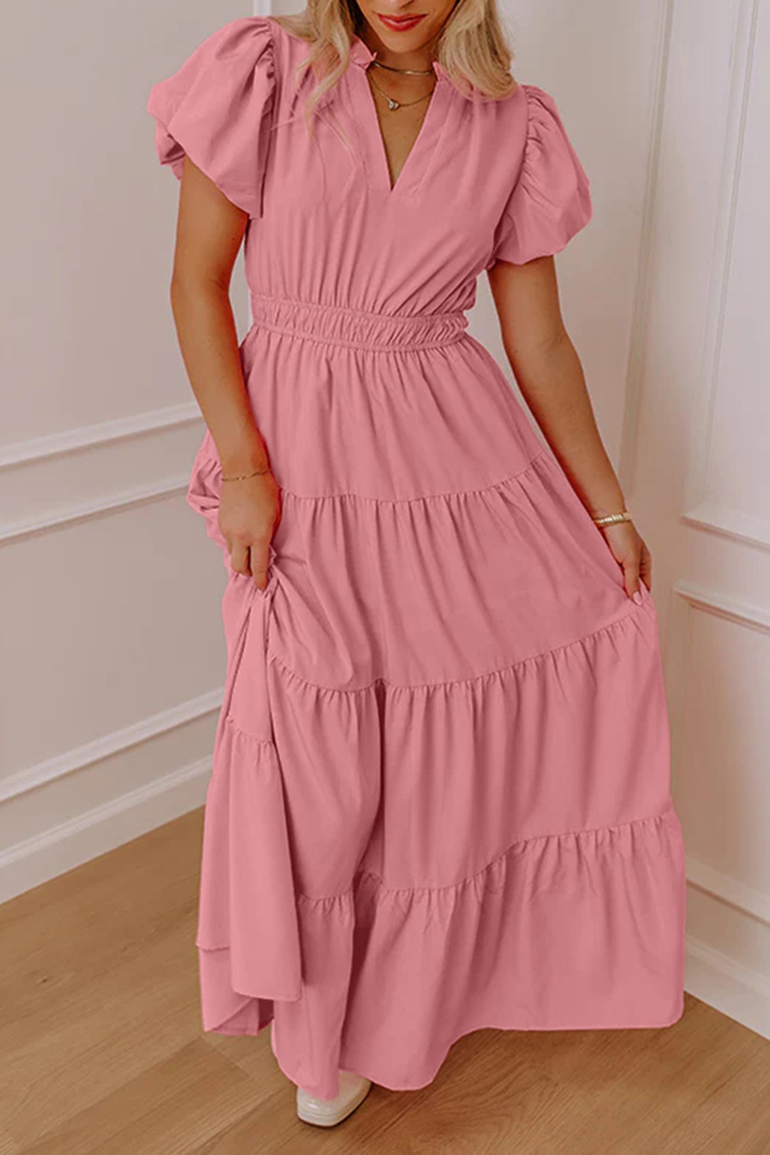 Green Solid Color V Neck Short Puff Sleeve High Waist Tiered Maxi Dress