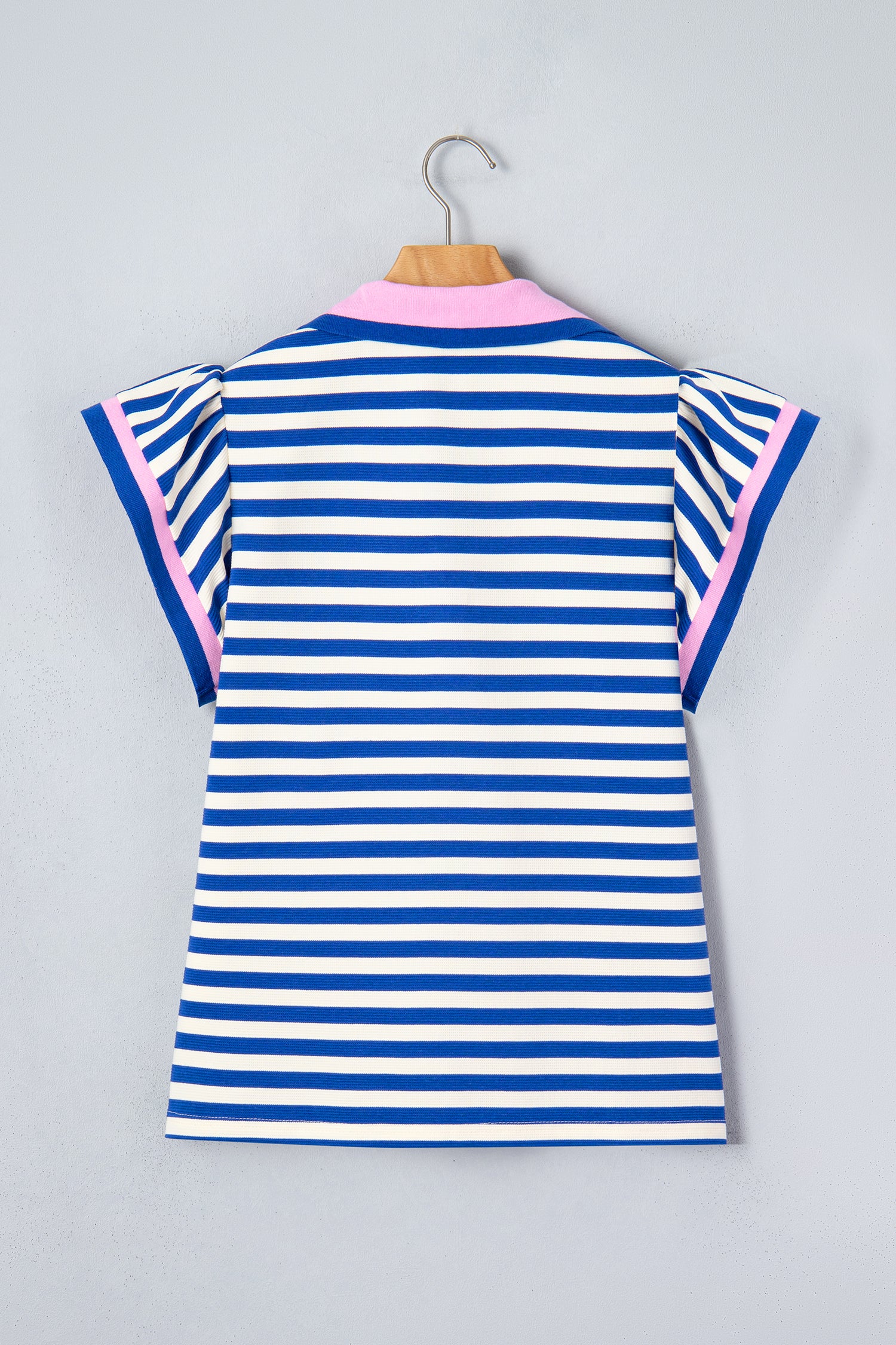 Green Stripe Contrast Trim Polo Collar Ruffled Short Sleeve Blouse
