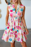 Pink Adorable Floral Print V Neck Zip Up Smocked Waist Flared Mini Dress