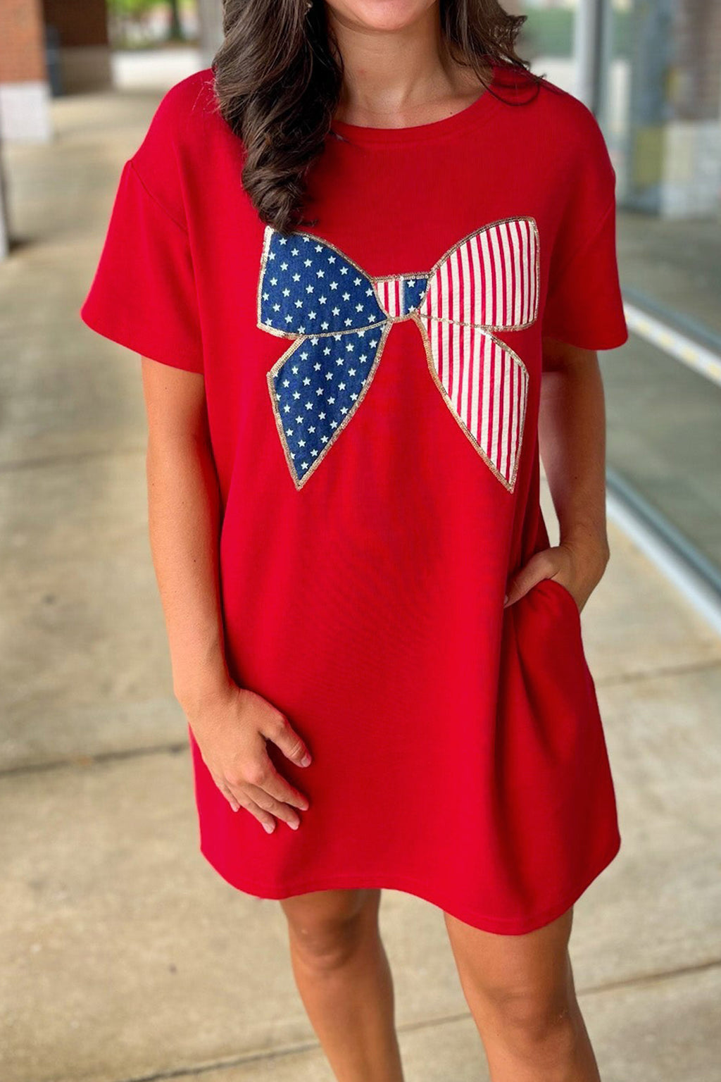 Fiery Red Sequin Trim Stars and Stripes Bow Patched Shirt Mini Dress