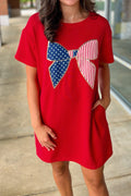 Fiery Red Sequin Trim Stars and Stripes Bow Patched Shirt Mini Dress