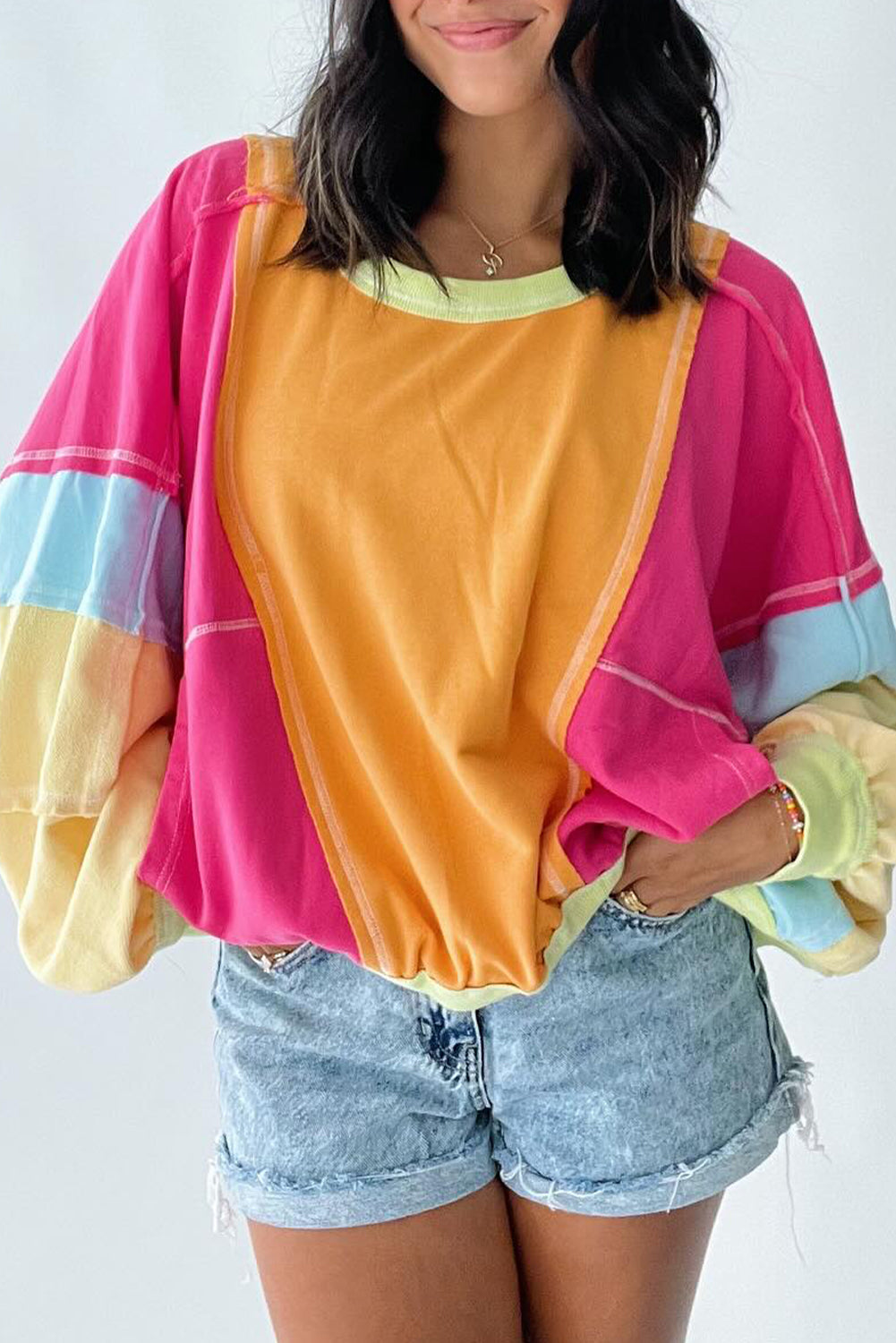 Plus Size Colorblock Patchwork Exposed Seam Top